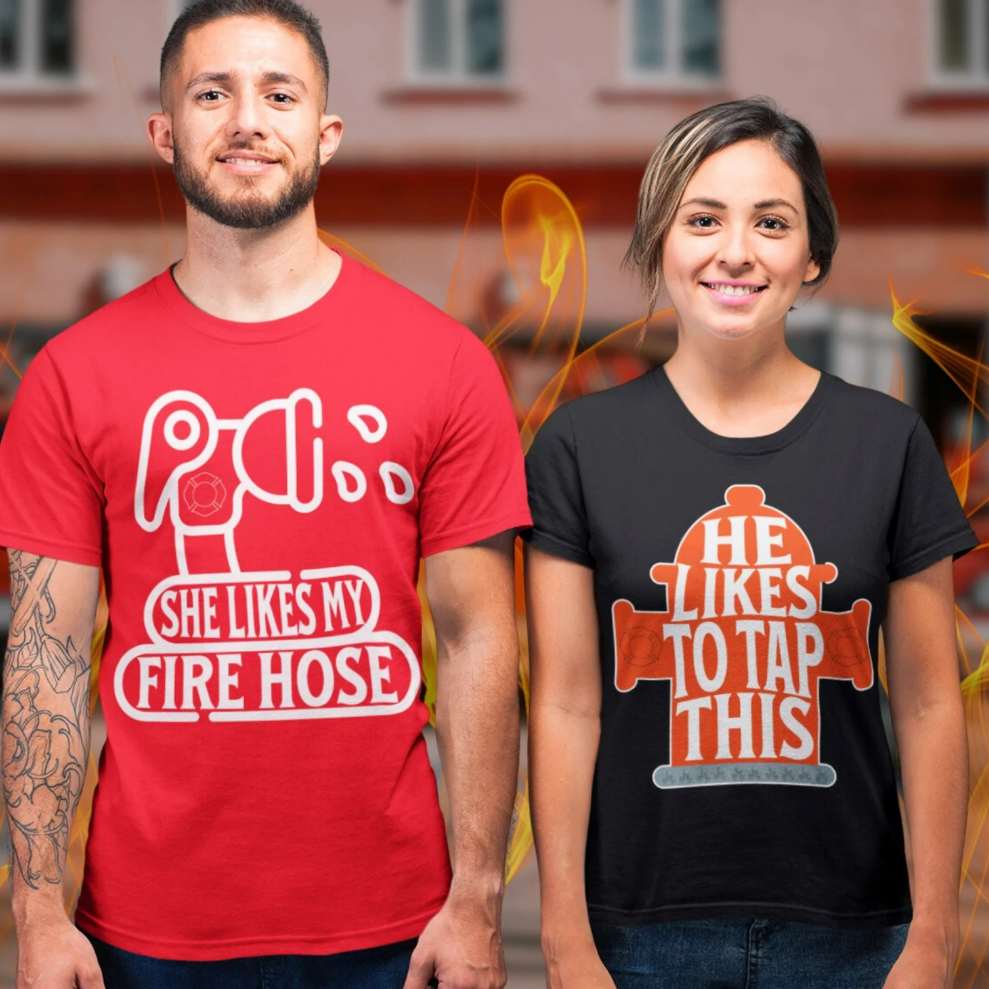 Firefighter Couple Shirts - Funny Joke Fire Hose Tap This Tees Gift Set