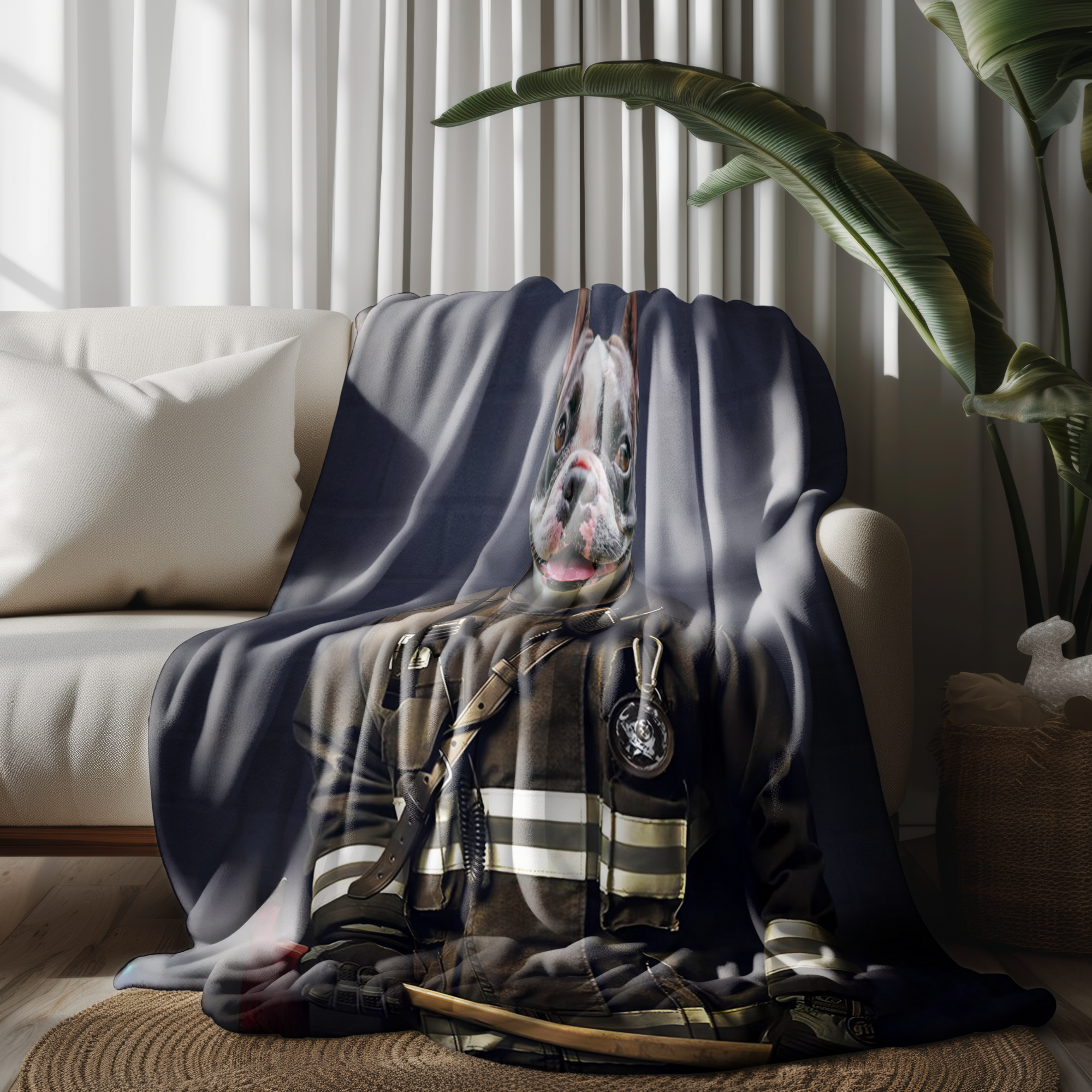 Couverture personnalisée avec photo d'animal de compagnie et portrait de pompier - Style studio