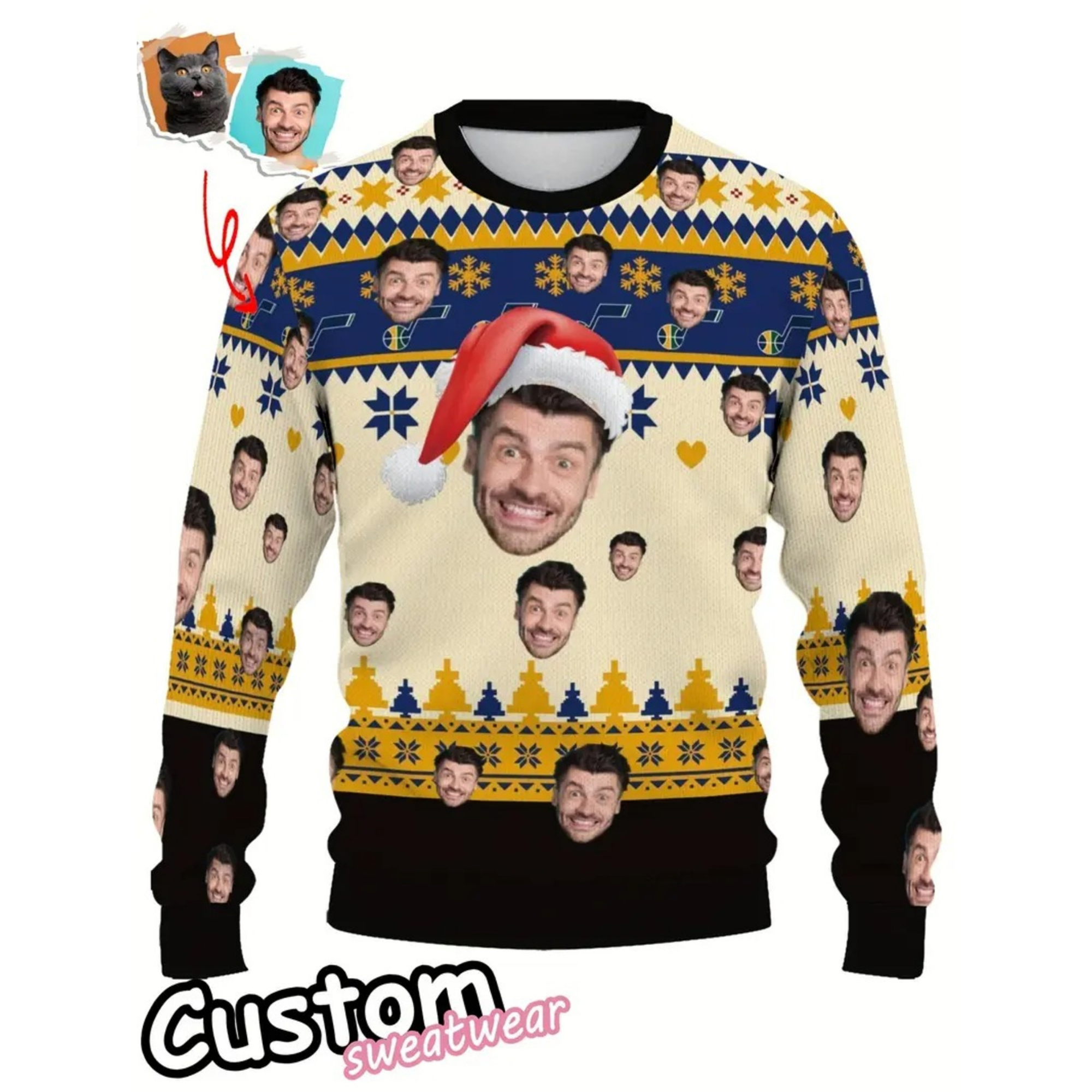 Custom Face Ugly Christmas Sweater - Personalized Photo Blue