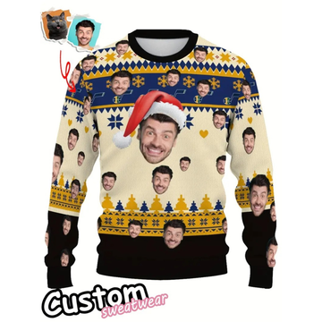 Custom Face Ugly Christmas Sweater - Personalized Photo Blue