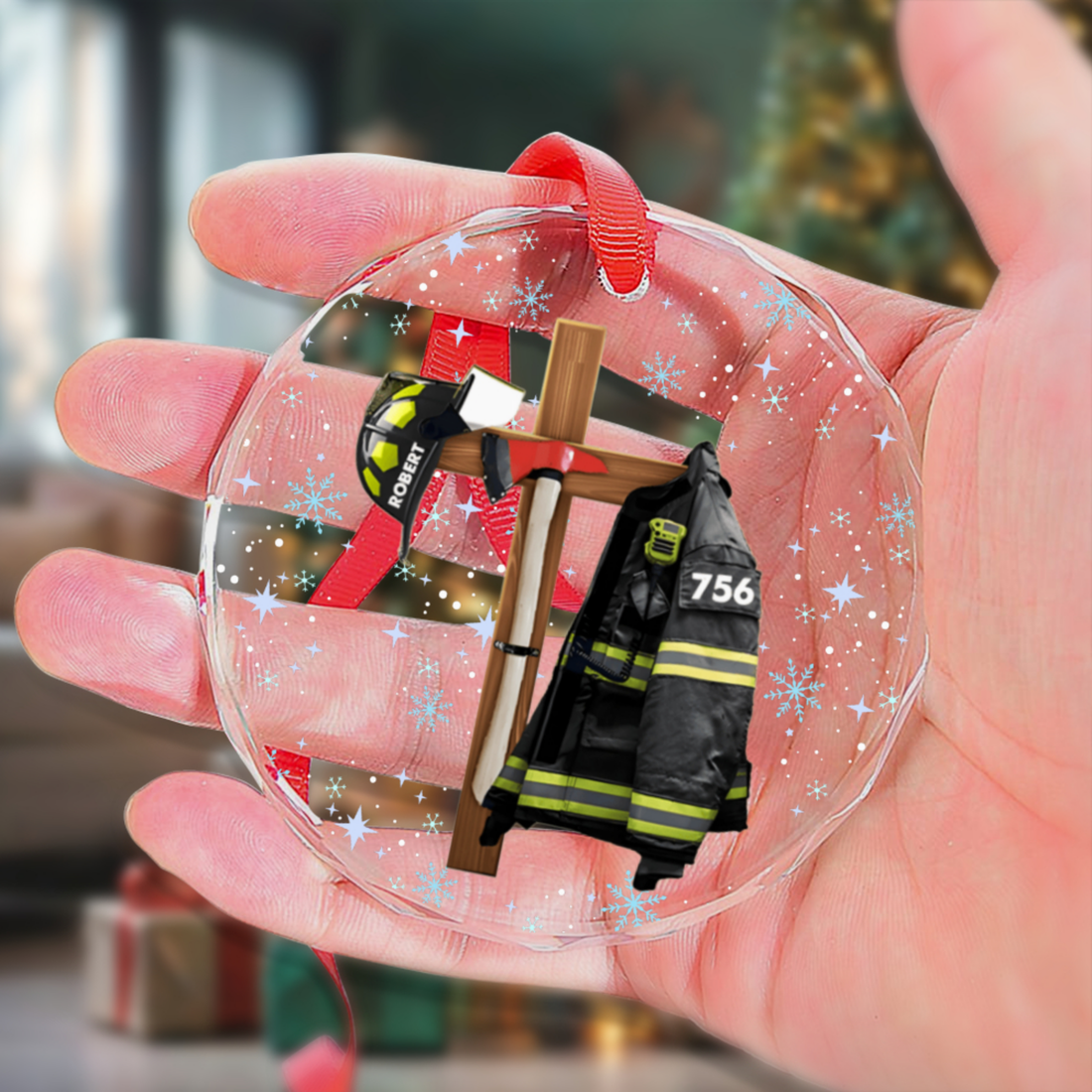 Custom Christian FireFighter Ornament - Personalized Name Number Glass Ornament