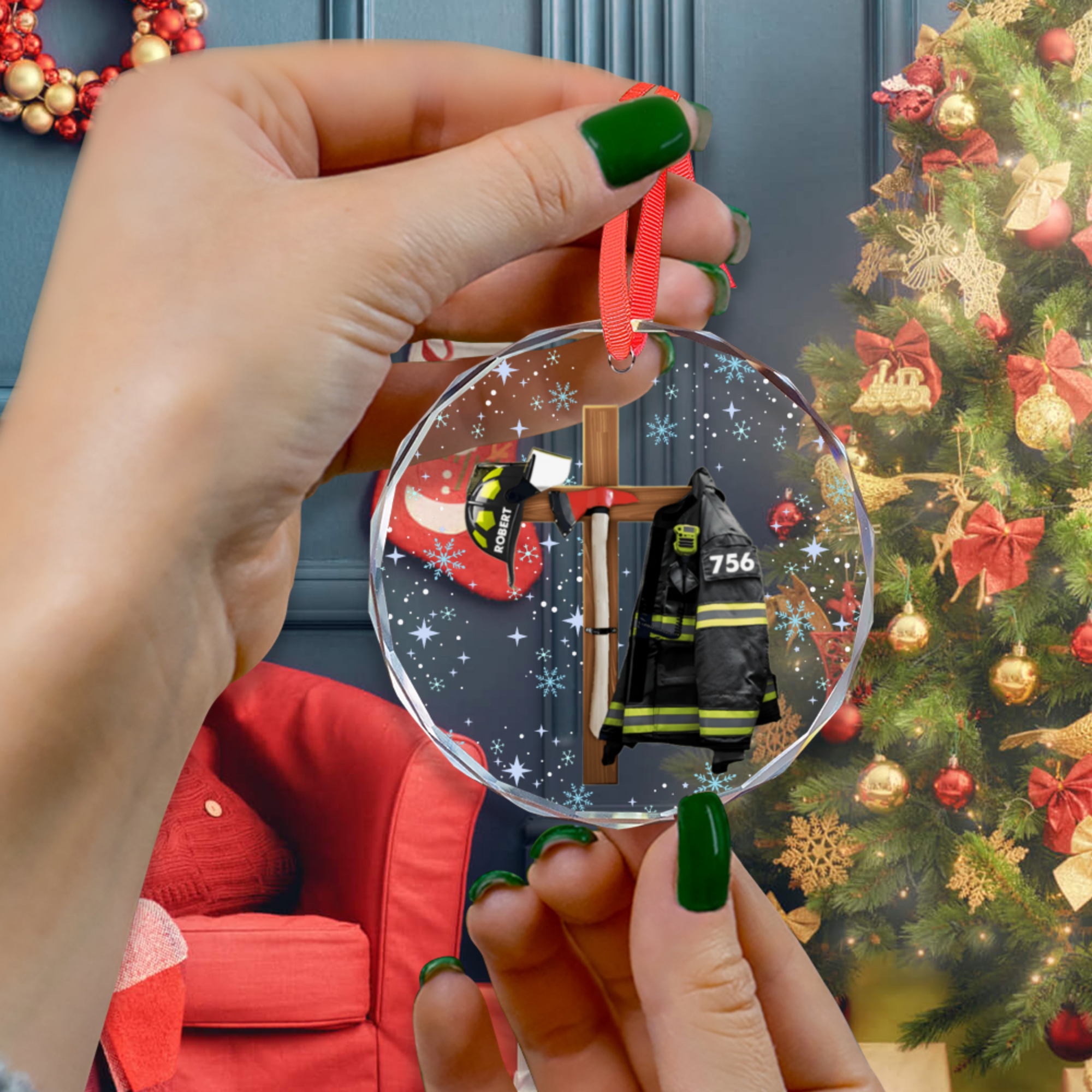 Custom Christian FireFighter Ornament - Personalized Name Number Glass Ornament