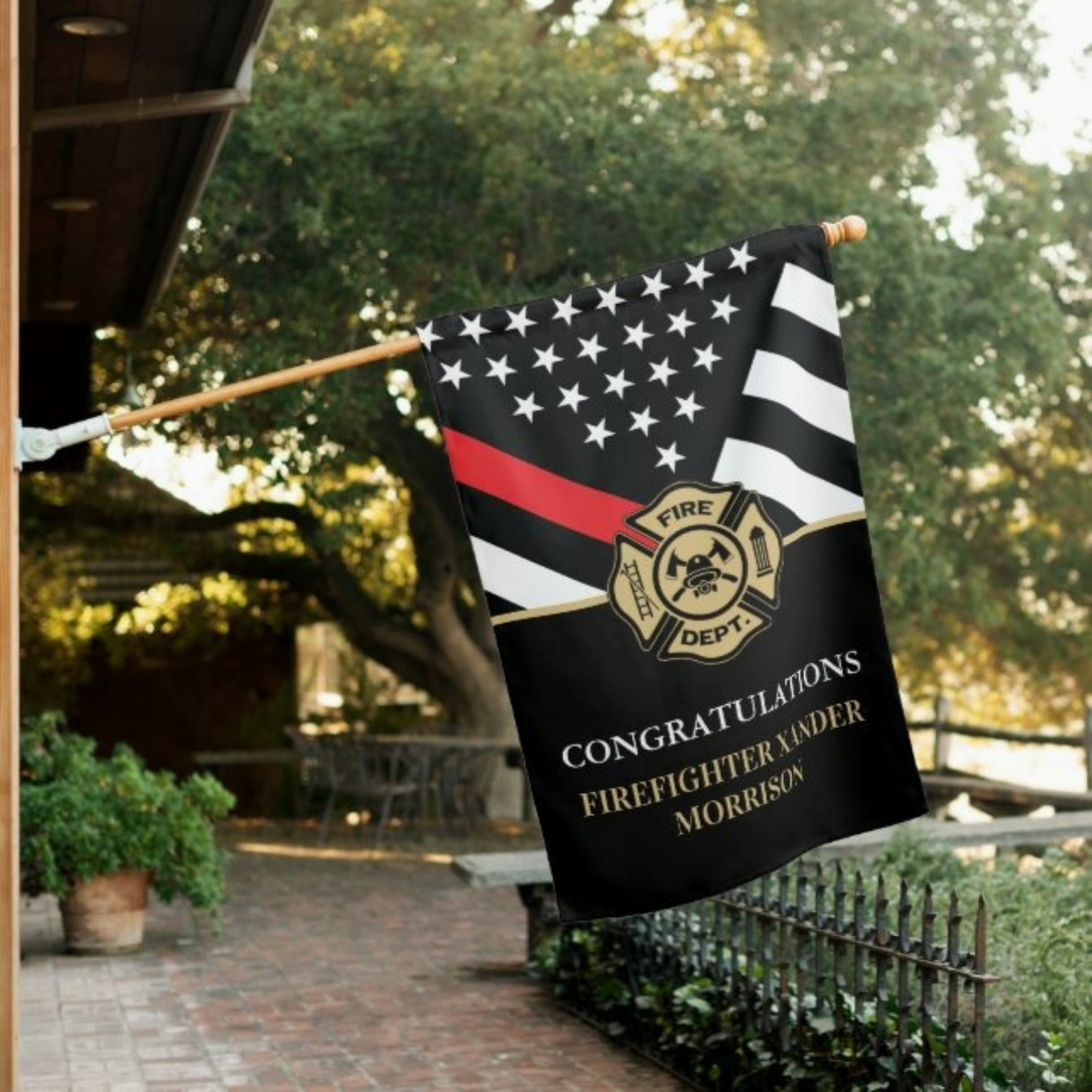 Personalized Firefighter House Flag - Custom Name Congratulations