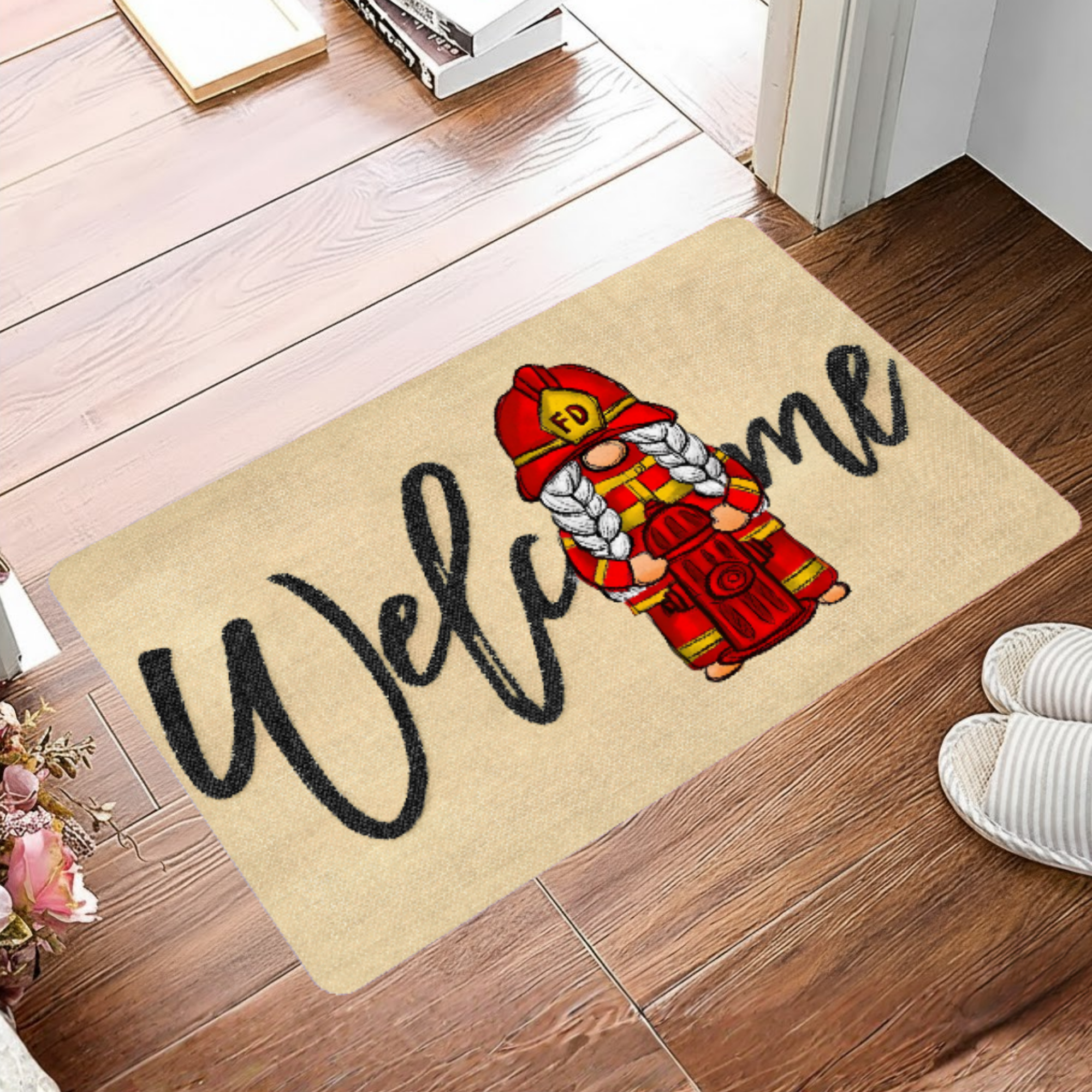 Firefighter Gnome Welcome Doormat - Fire Department FD Outdoor Door Mat
