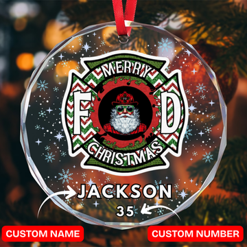 Custom FireFighter Santa Ornament - Personalized Name Number Glass Ornament