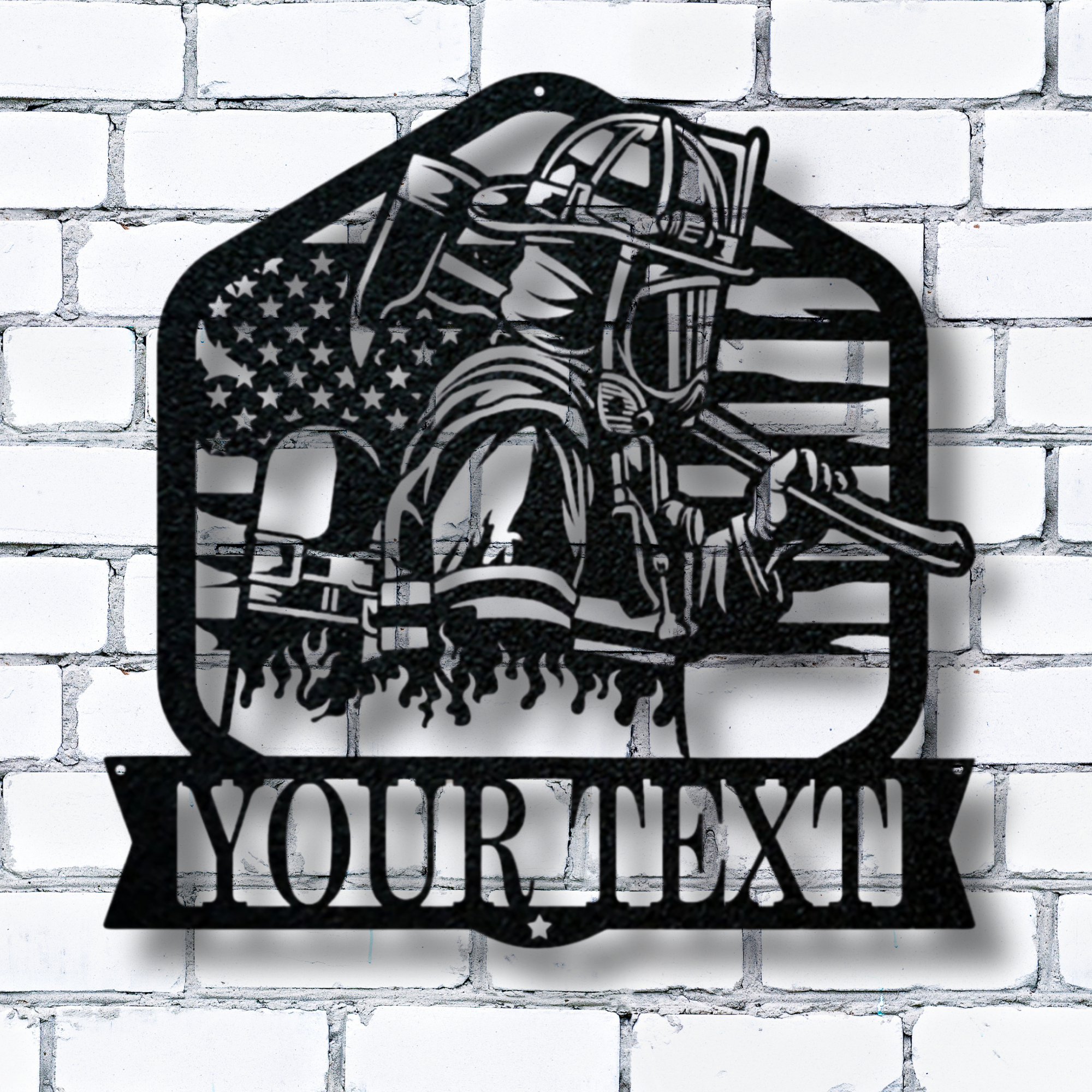 Standing Firefighter With Axe Custom Name Metal Sign - Personalized Fire Department Wall Art