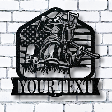 Standing Firefighter With Axe Custom Name Metal Sign - Personalized Fire Department Wall Art