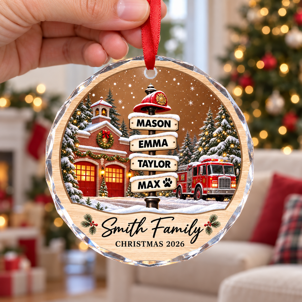 Firefighter Family Personalized Glass Christmas Ornament – Custom Names Fire Station Keepsake