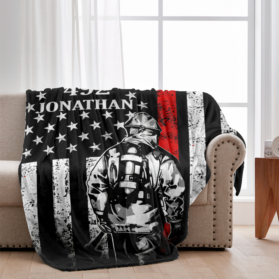 Custom Firefighter Blanket - Red Line Flag with Name & Number