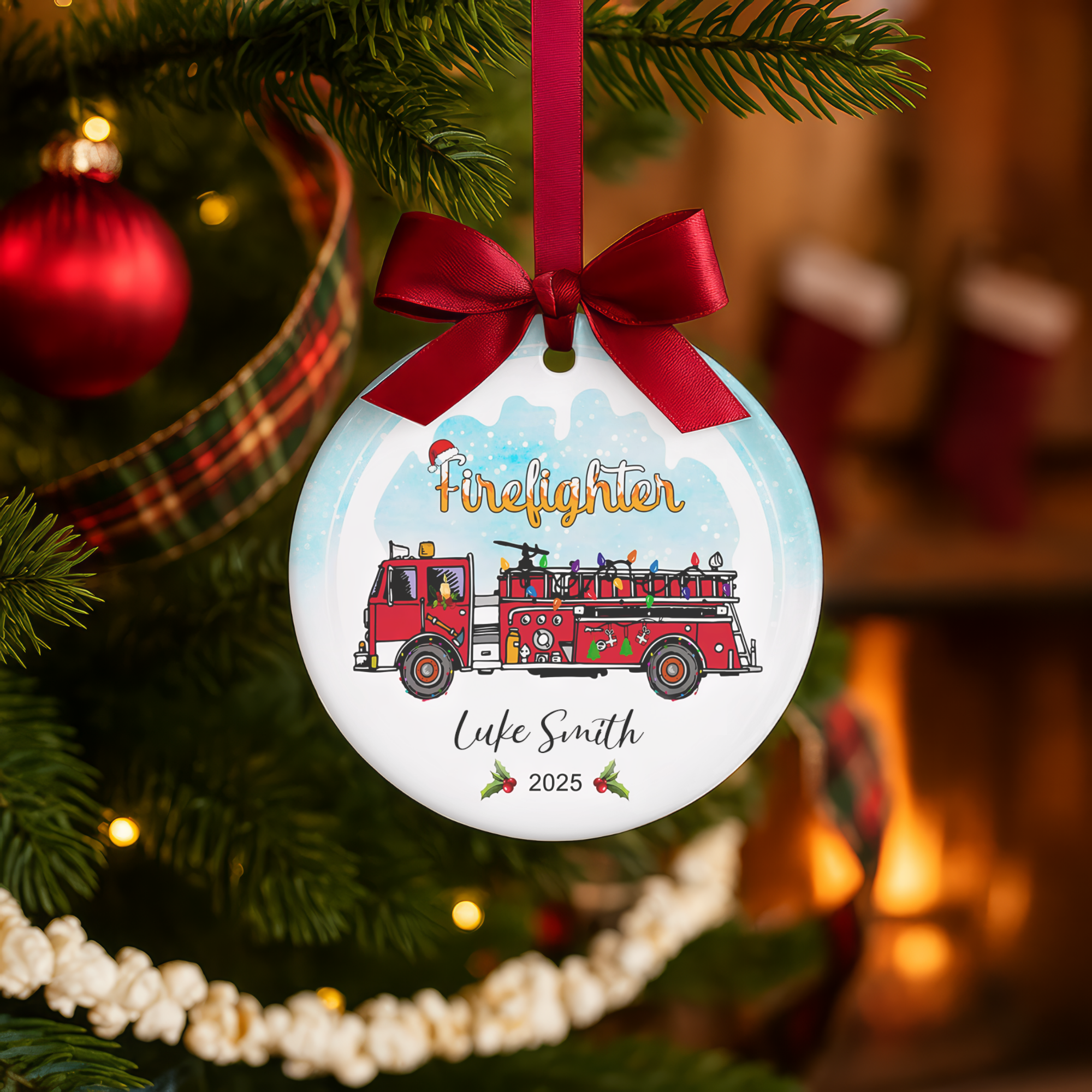 Personalized Firefighter Christmas Ornament 2025 - Custom Fire Truck Holiday Decoration