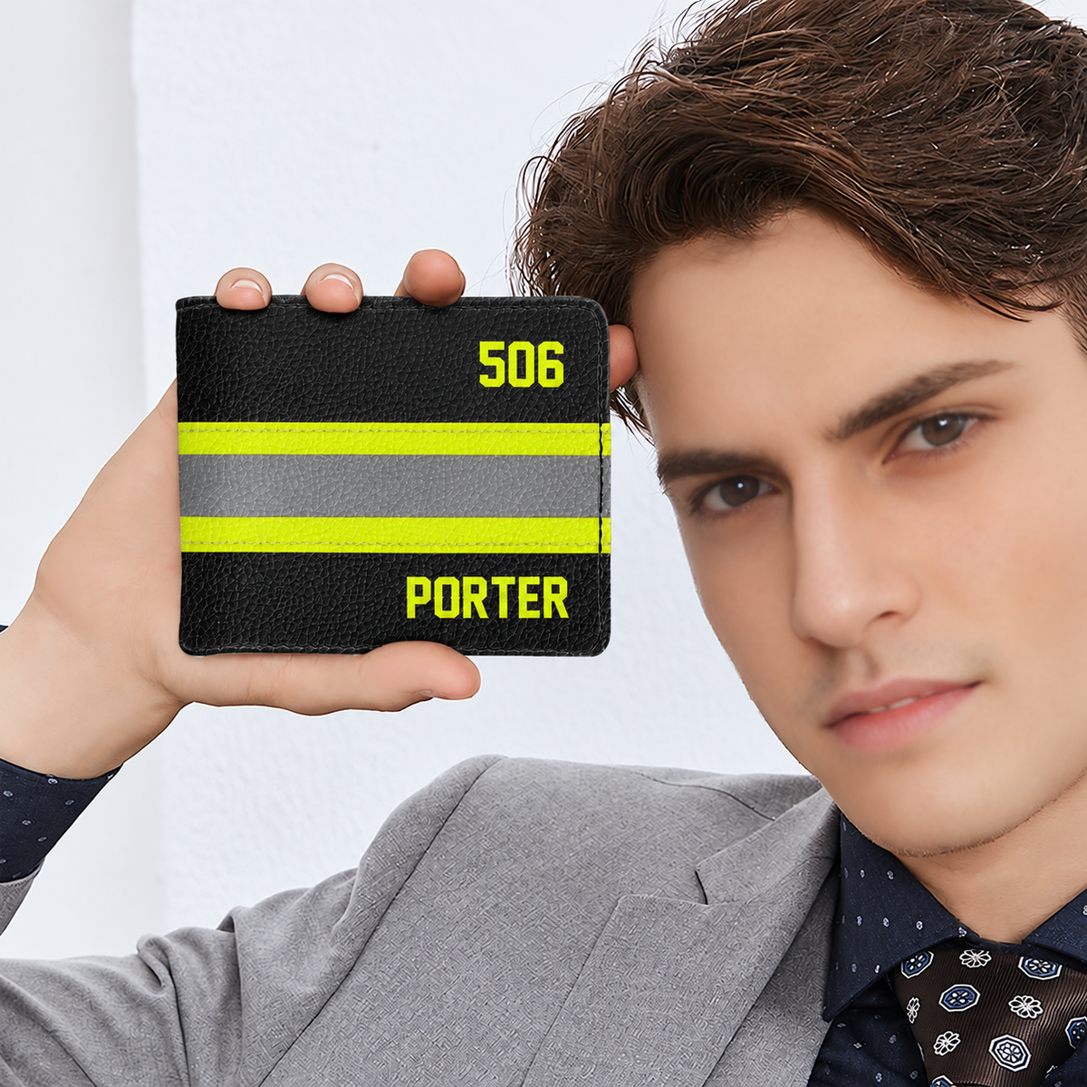 Personalized Firefighter Leather Bifold Wallet with Name & Number