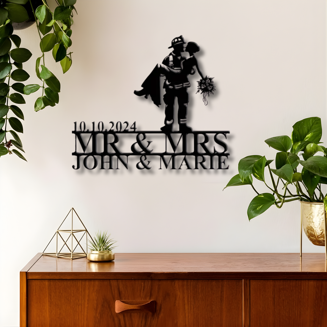 Firefighter Groom Kissing Bride Custom Metal Sign - Personalized Wall Art