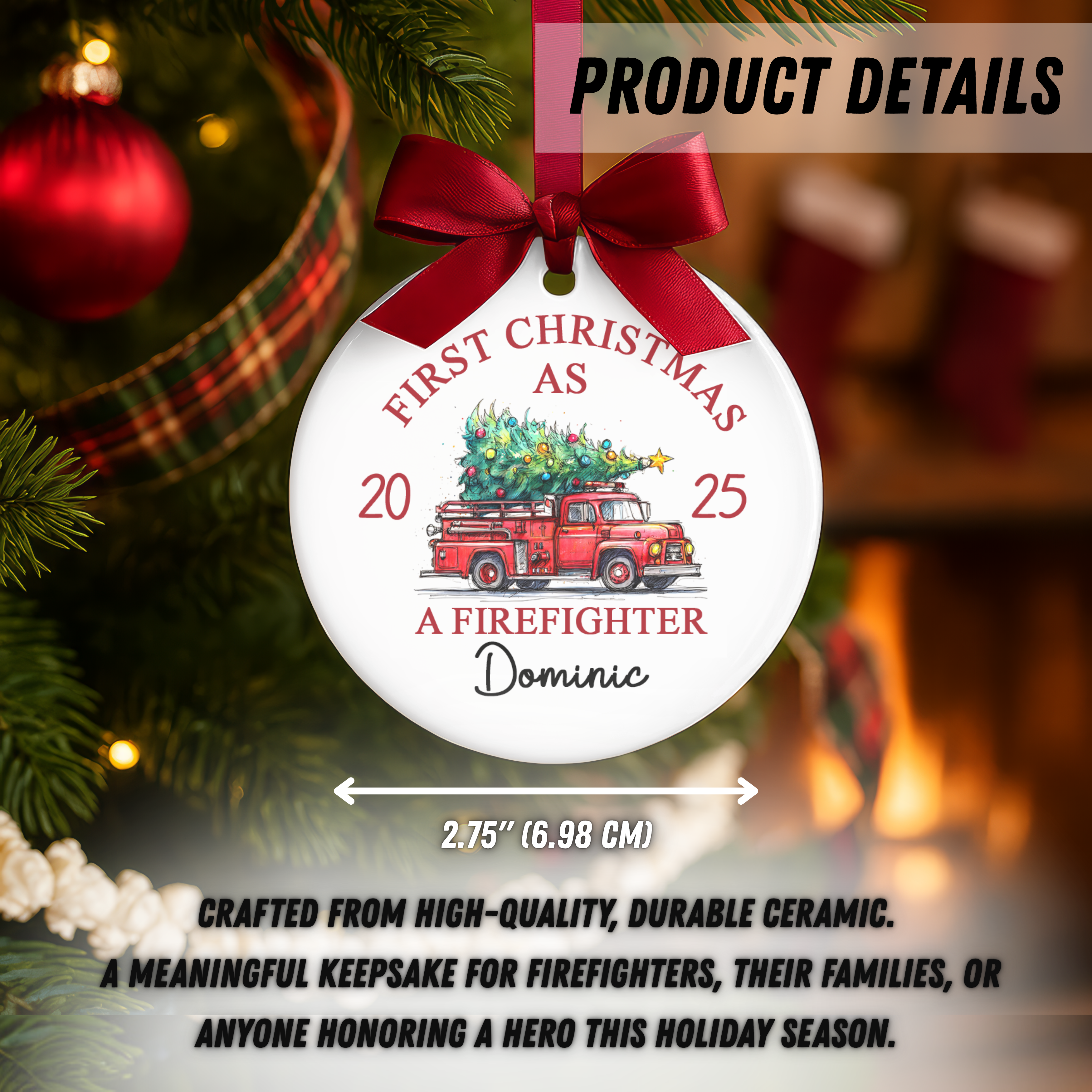 Personalized First Christmas as Firefighter Ornament - Custom Name Fire Truck