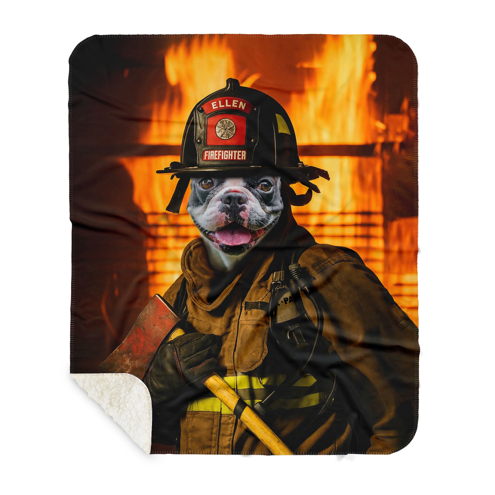 Custom Pet Photo Firefighter Blanket - Fire Background Action Style