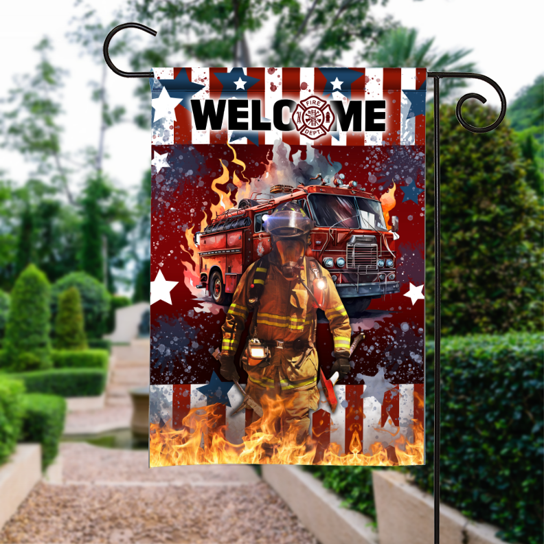Firefighter Christmas Welcome Garden Flag - American Flag Fire Dept