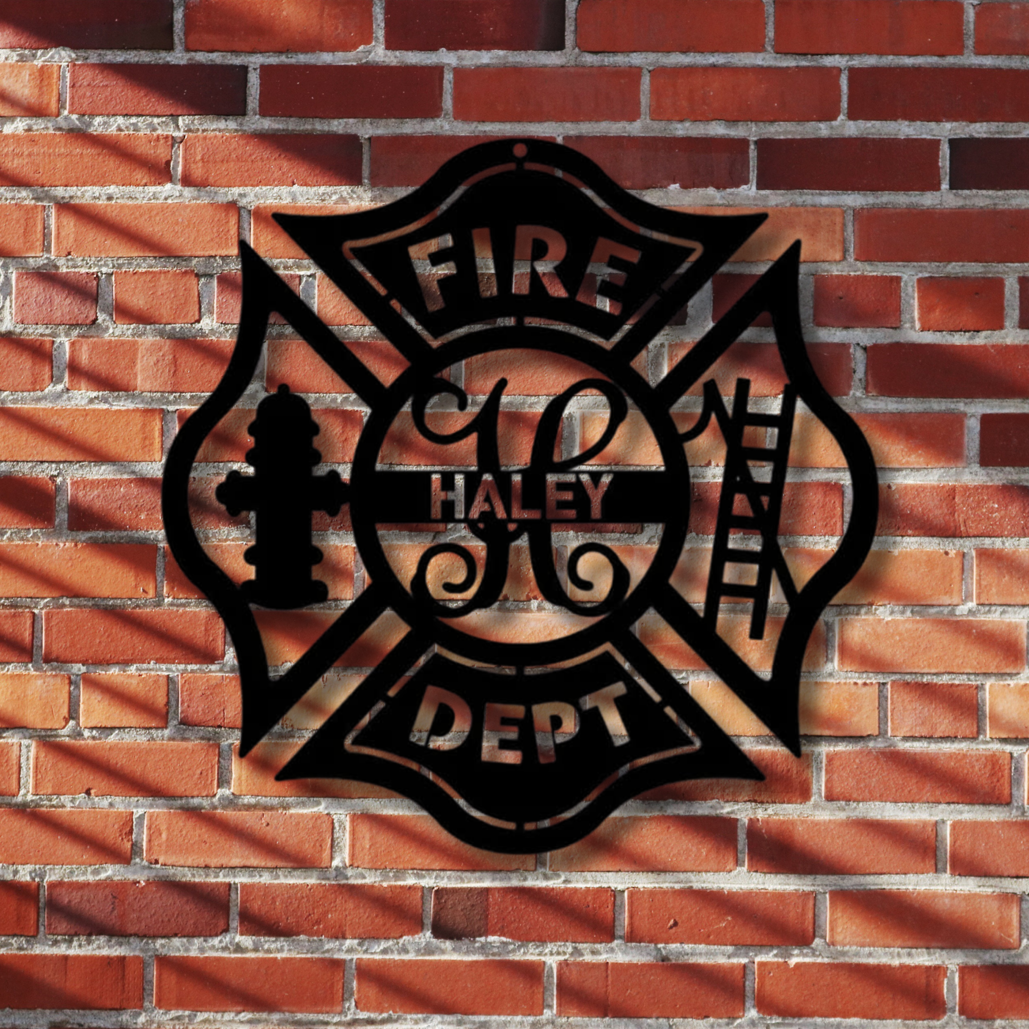 Ornate Maltese Cross Fire Badge Custom Name Metal Sign - Personalized Wall Art