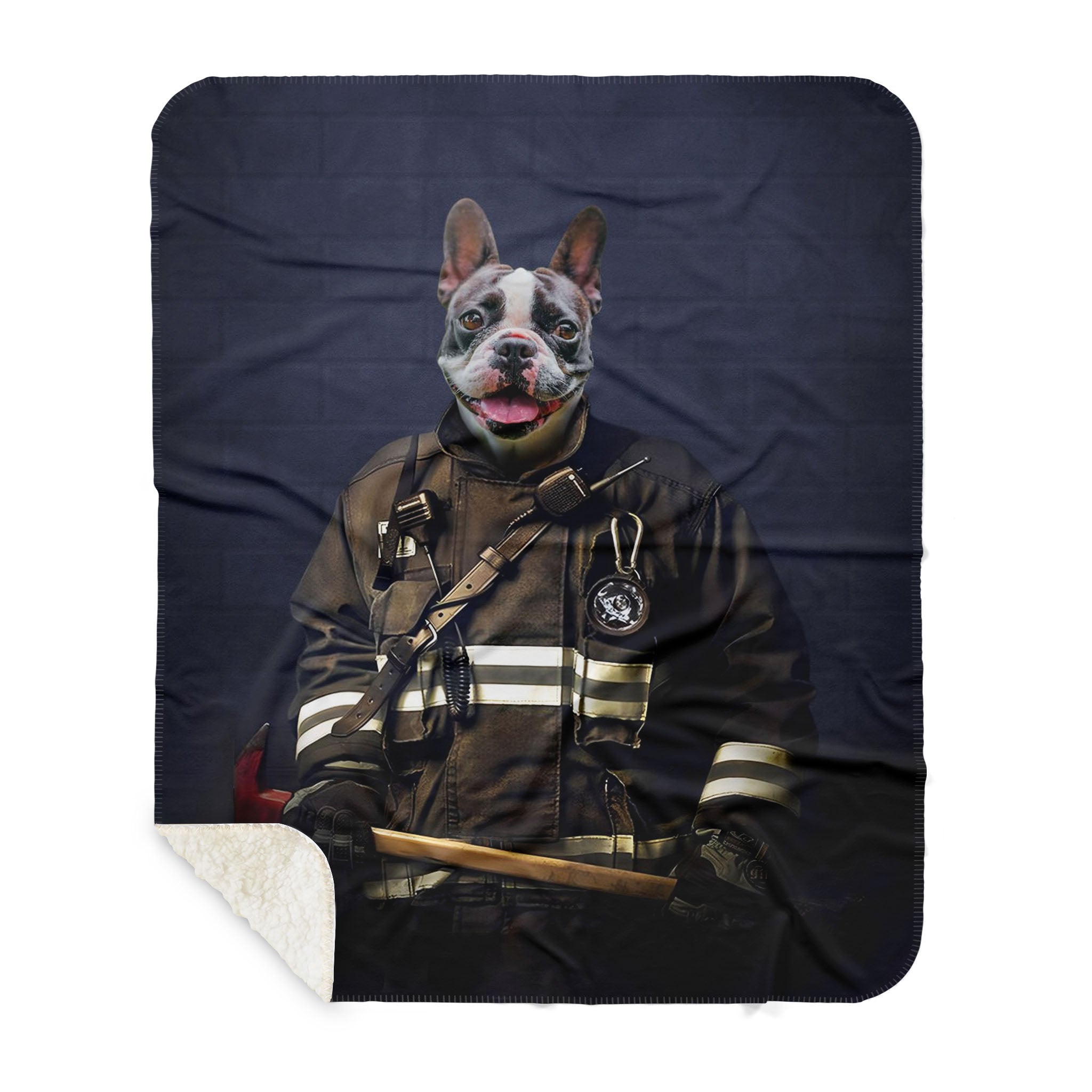 Couverture personnalisée avec photo d'animal de compagnie et portrait de pompier - Style studio