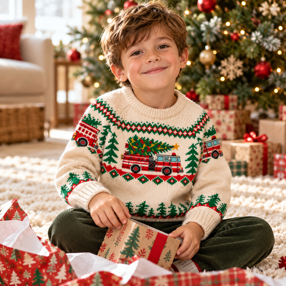 Kids Fire Truck Christmas Sweater – Fair Isle Knit Pullover for Boys & Girls