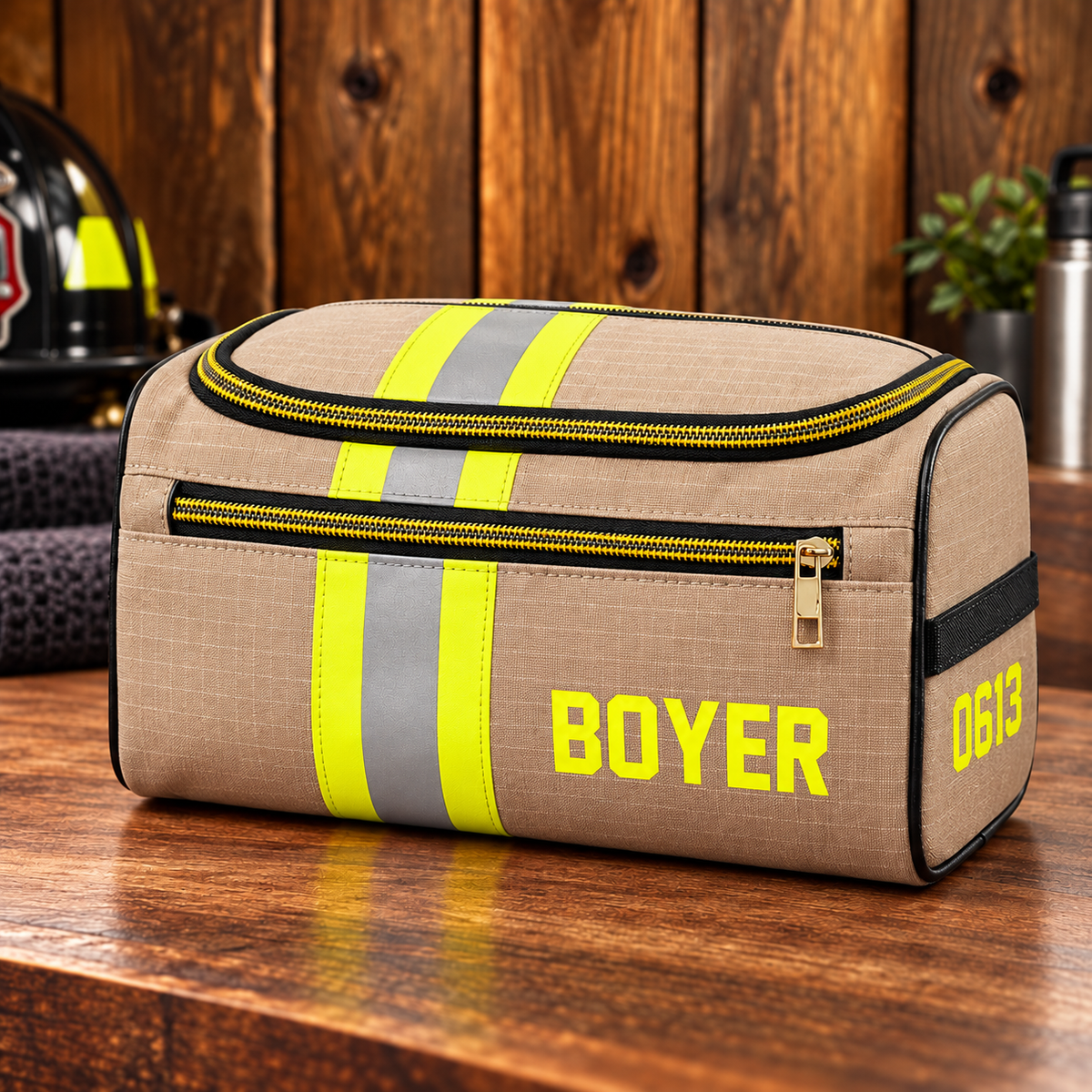 Personalized Firefighter Leather Toiletry Bag - Custom Name & Number