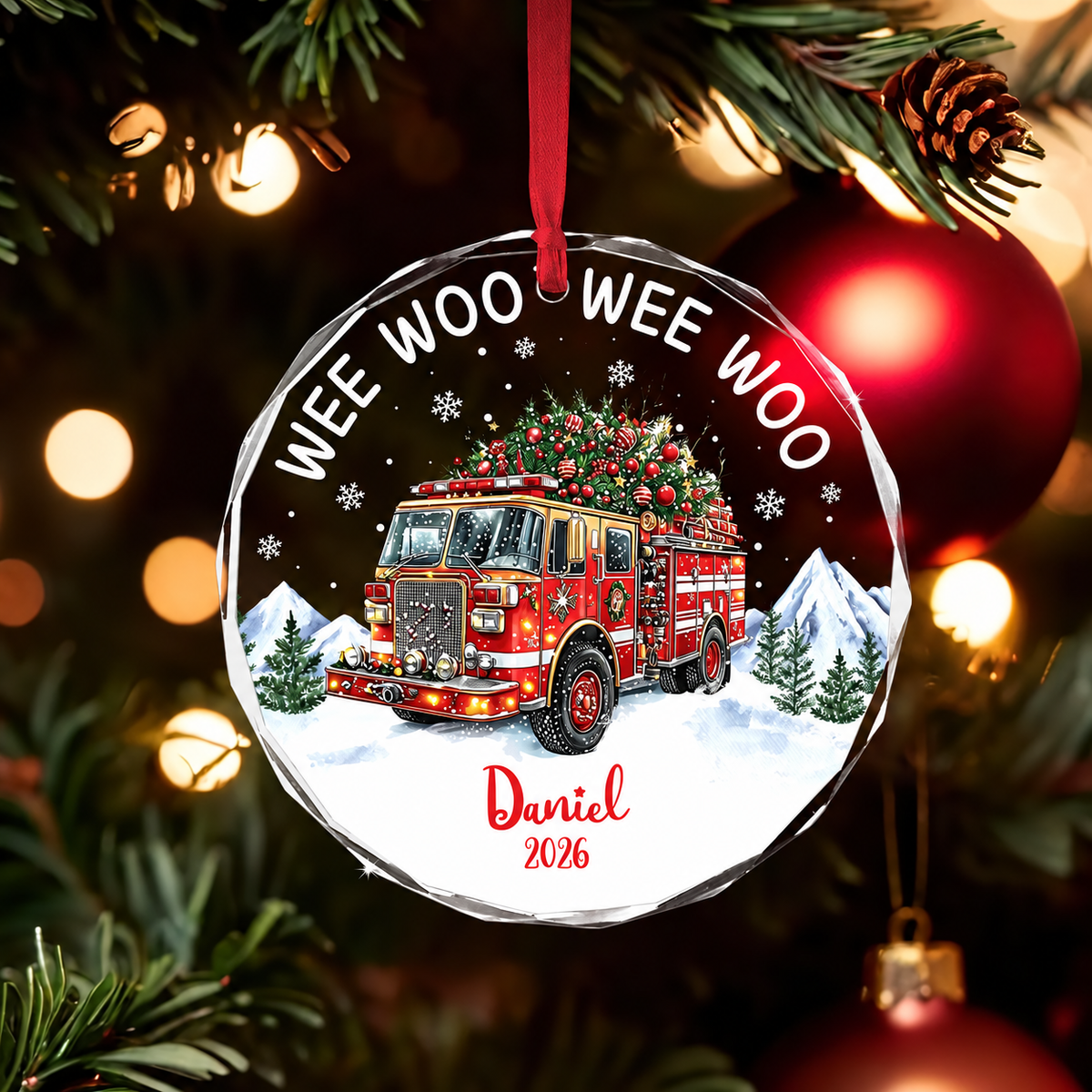 We Woo Fire Truck Christmas Ornament - Personalized Firefighter Christmas Ornament