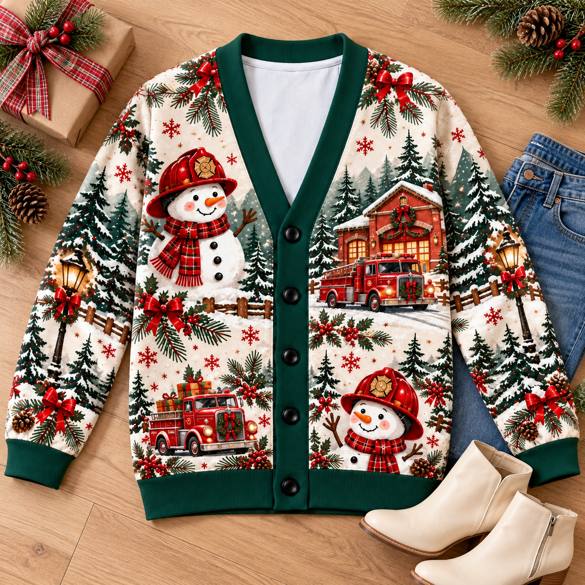 Firefighter Snowman Christmas Cardigan – Holiday Fire Truck V-Neck Sweater