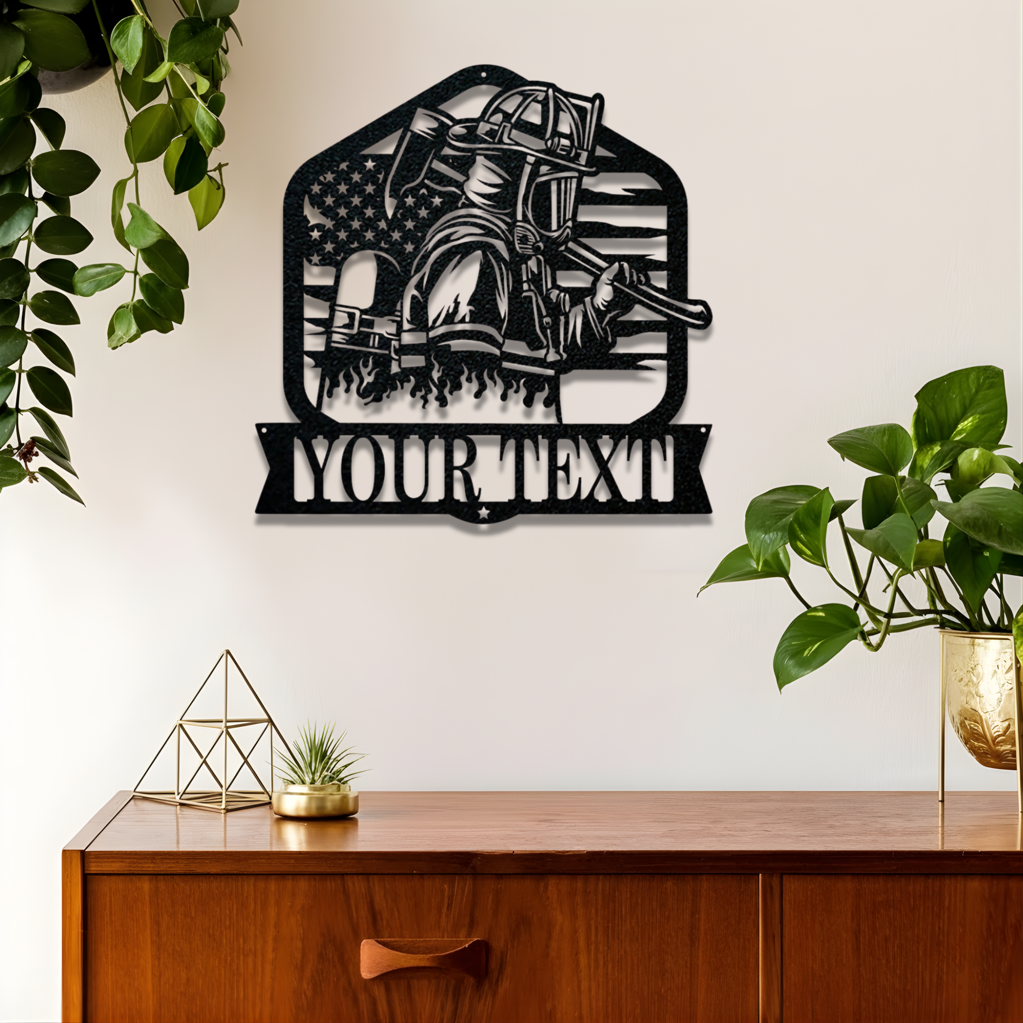 Standing Firefighter With Axe Custom Name Metal Sign - Personalized Fire Department Wall Art