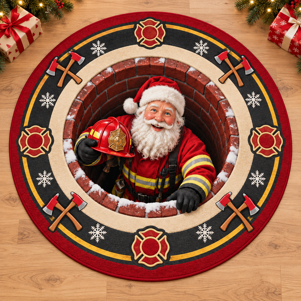 Firefighter Santa 3D Illusion Round Rug - Christmas Firefighter Home Decor
