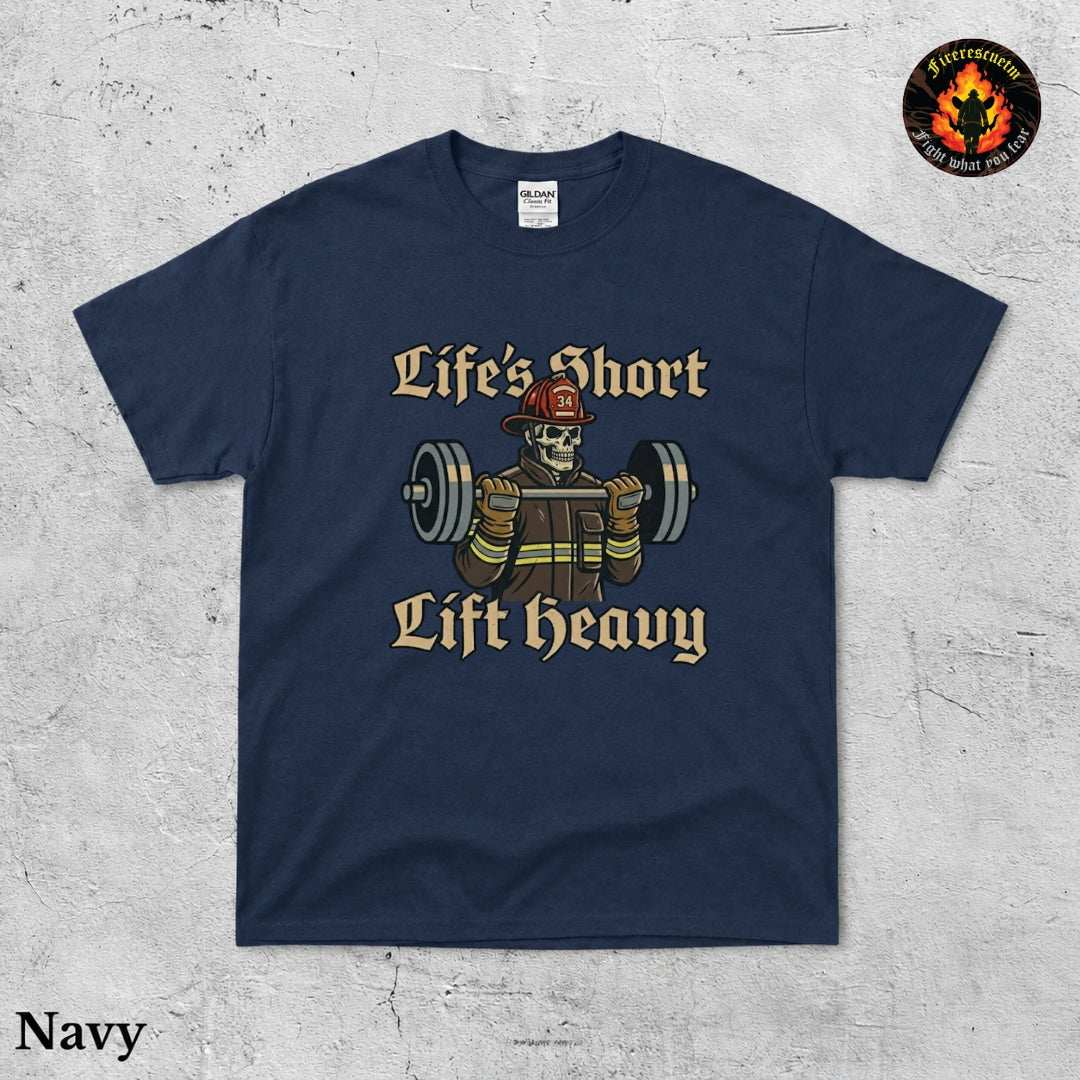 Vintage firefighter shirt with gold lettering and red fire truck illustration on navy or black Gildan tee