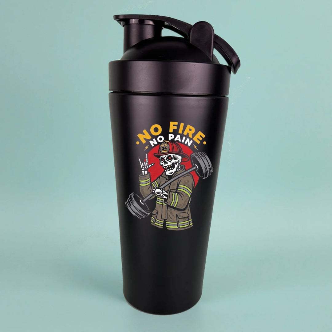No Fire No Pain water bottle protein shaker with customizable design for fitness enthusiasts in multiple colors