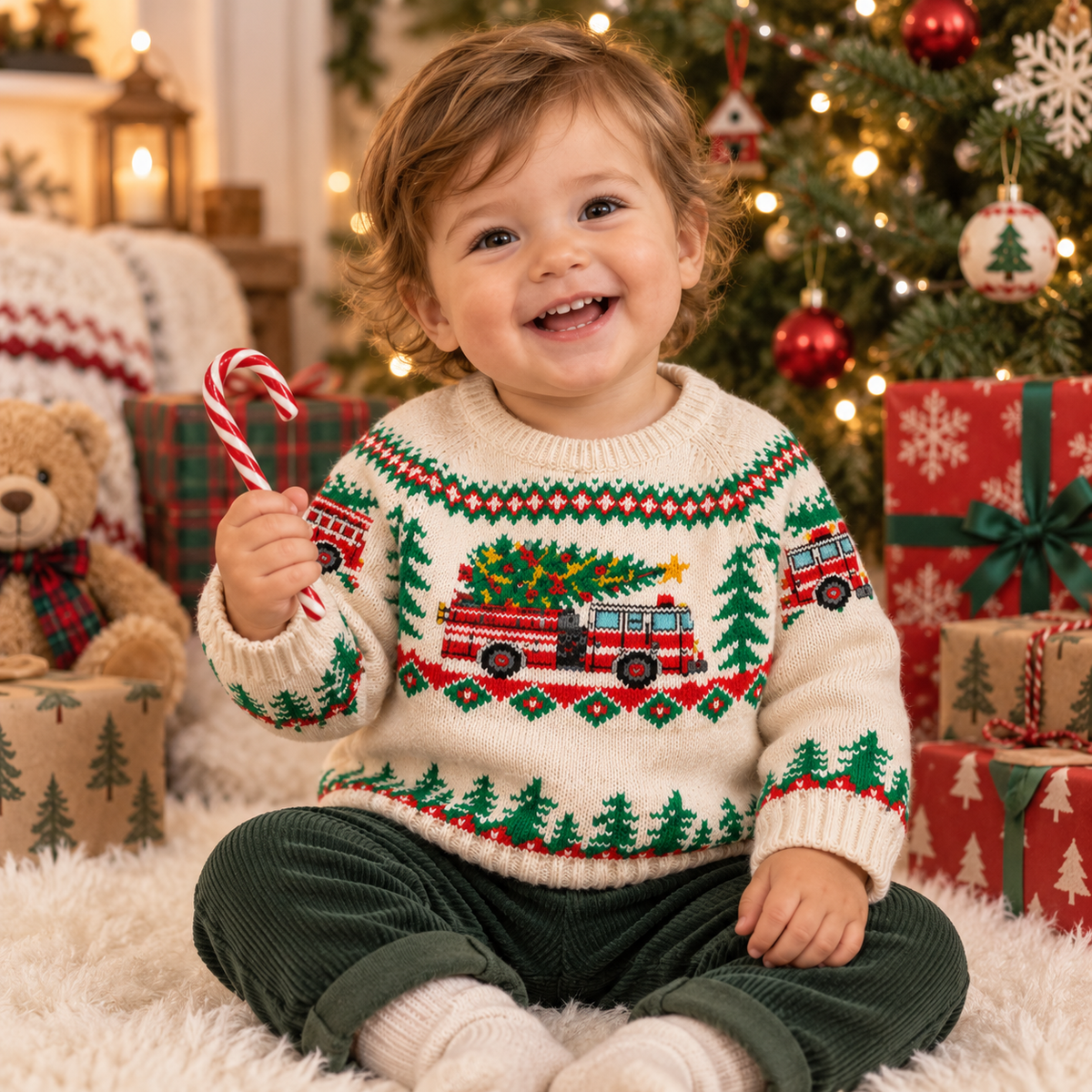 Baby Fire Truck Christmas Sweater – Fair Isle Knit Pullover for Boys & Girls