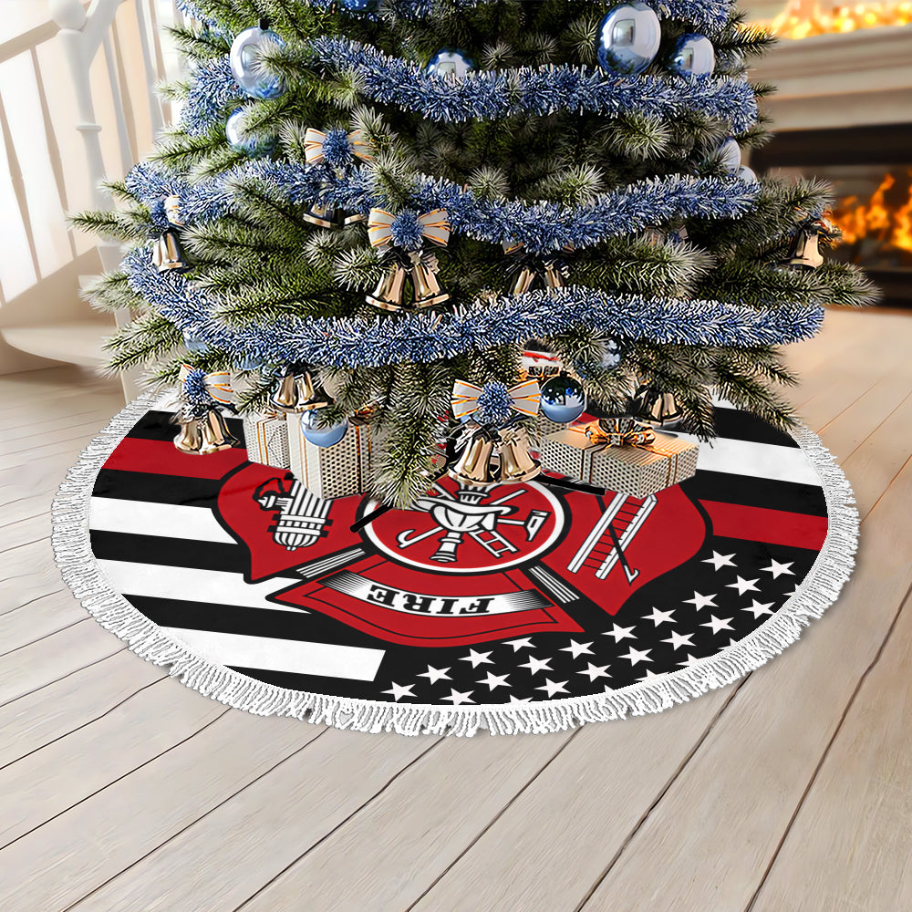 Firefighter Thin Red Line Christmas Tree Skirt – Premium with Tassel Fringe