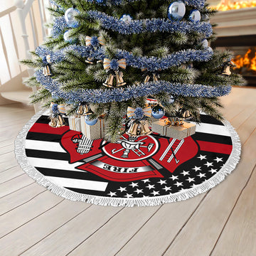 Firefighter Thin Red Line Christmas Tree Skirt – Premium with Tassel Fringe
