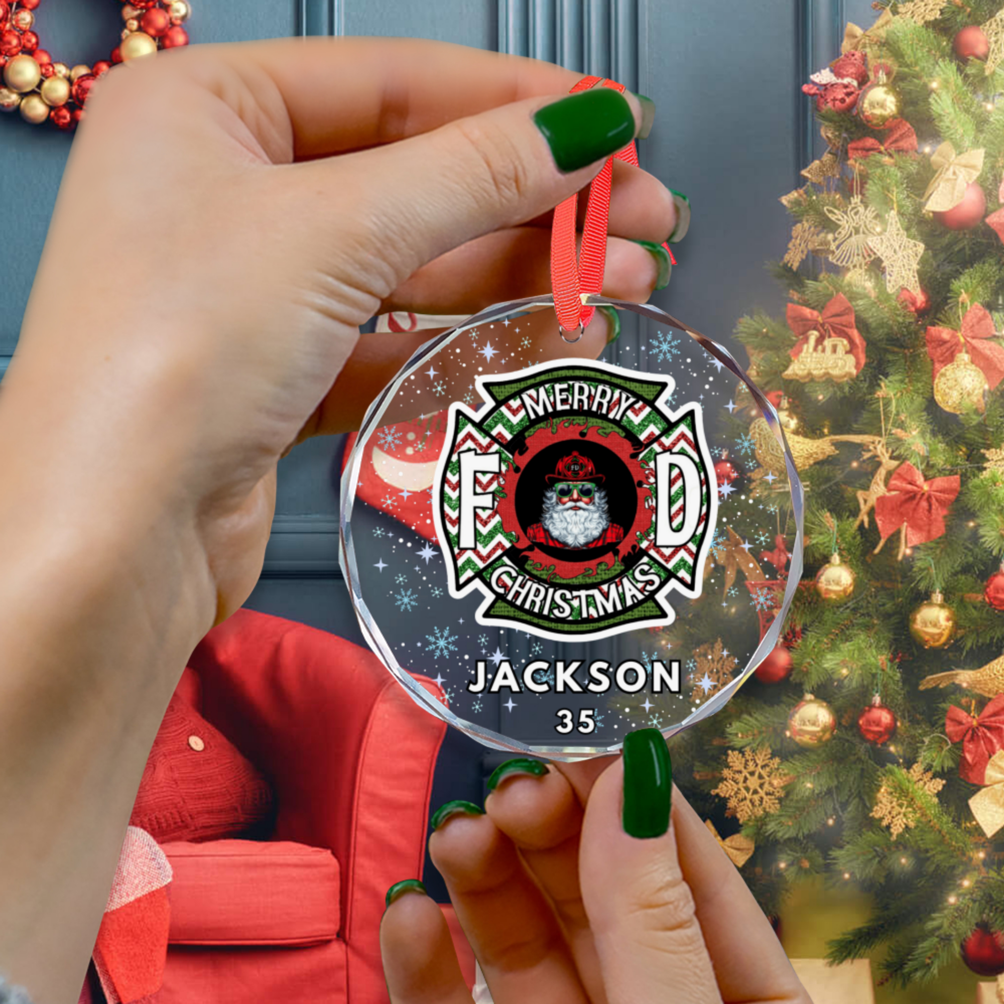 Custom FireFighter Santa Ornament - Personalized Name Number Glass Ornament
