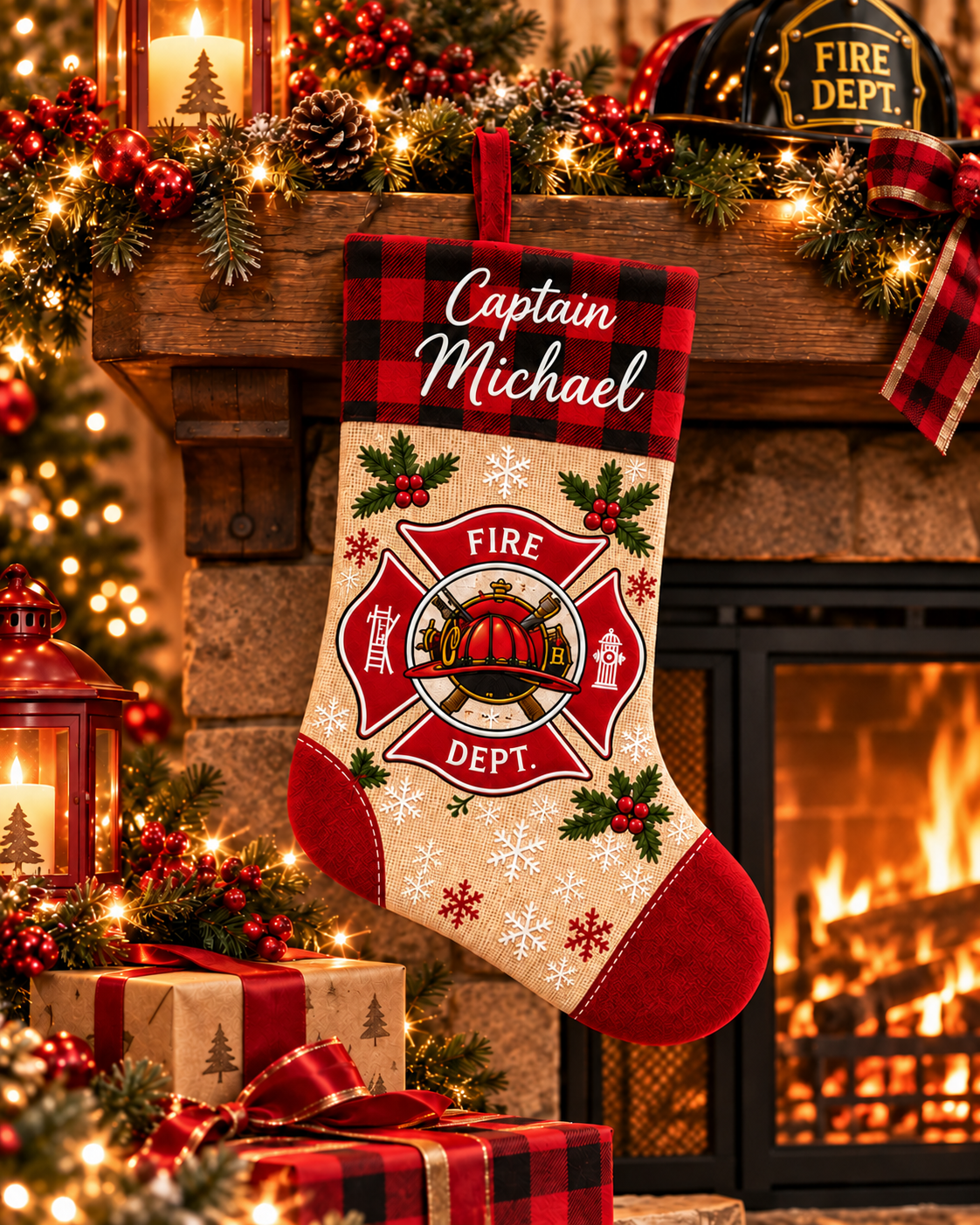 Personalized Firefighter Christmas Stocking – Custom Name | Fire Department Buffalo Plaid Holiday Stocking for Fireman Family