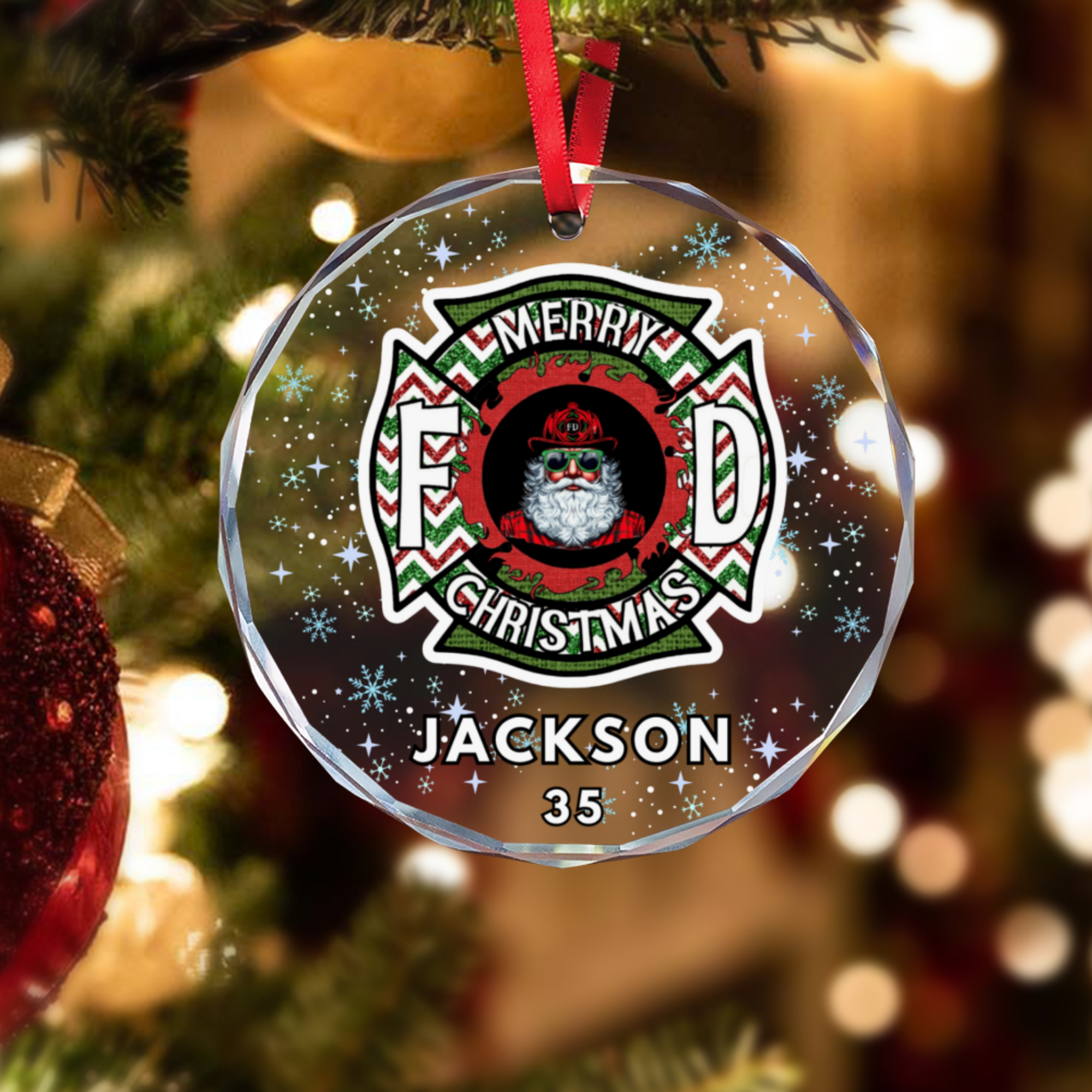 Custom FireFighter Santa Ornament - Personalized Name Number Glass Ornament