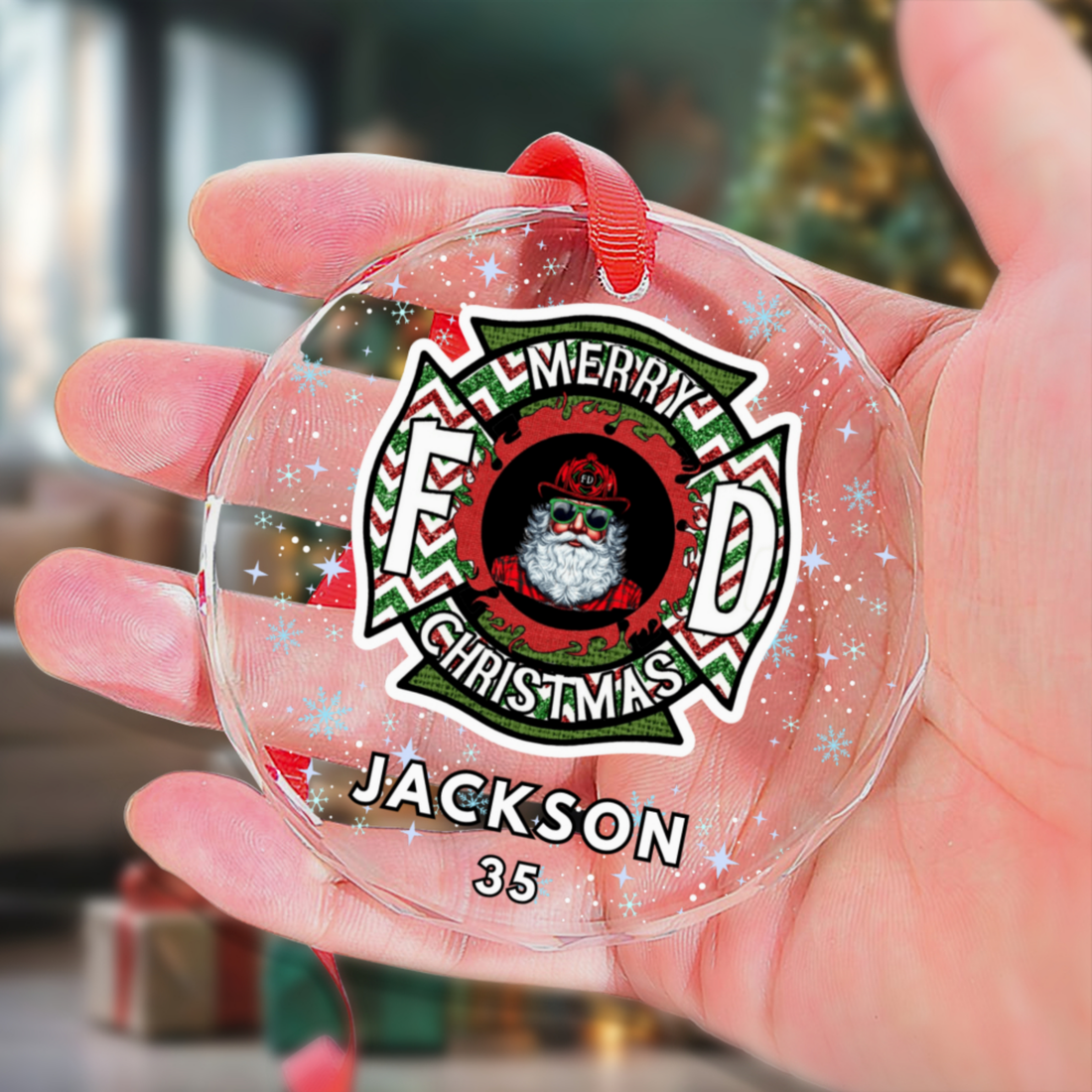 Custom FireFighter Santa Ornament - Personalized Name Number Glass Ornament