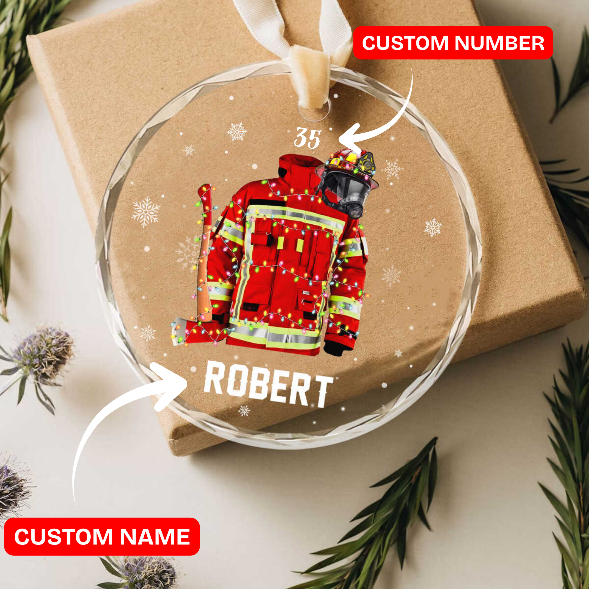 Custom Firefighter Ornament - Personalized Name Number Glass Ornament