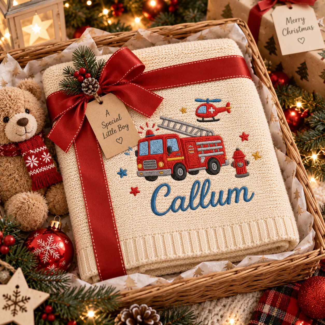 Personalized Fire Truck Baby Blanket | Custom Embroidered Name Knit Keepsake