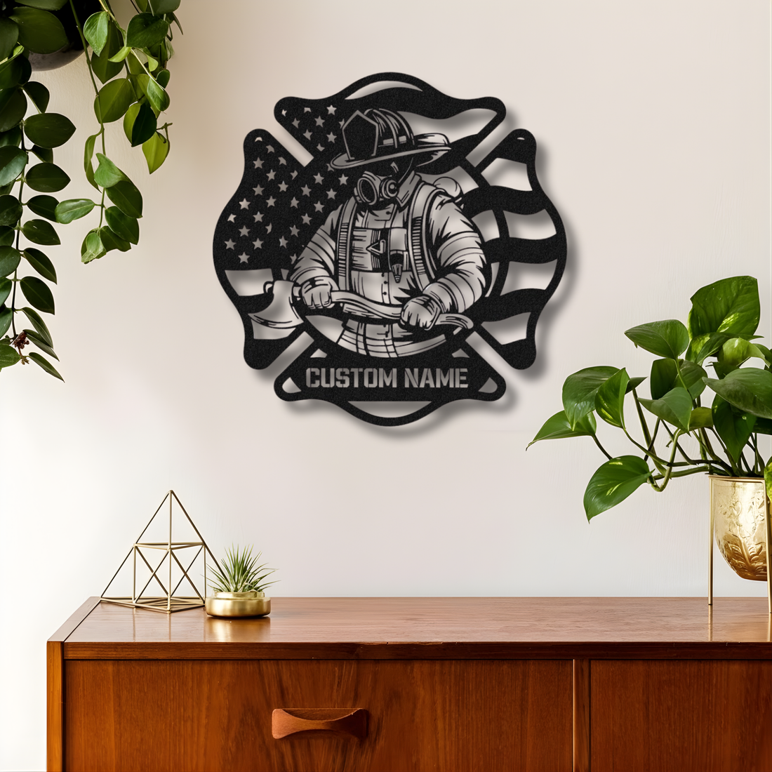 Firefighter Metal Sign with Name - Personalized American Flag Wall Art
