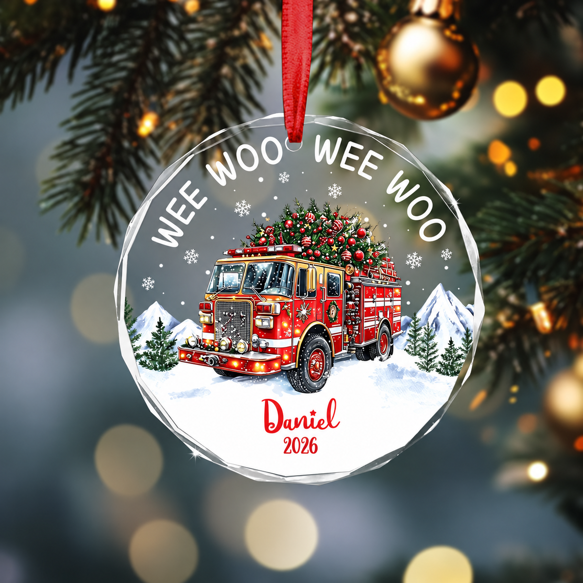 We Woo Fire Truck Christmas Ornament - Personalized Firefighter Christmas Ornament