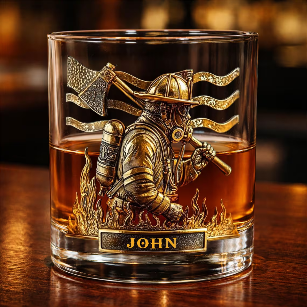 Personalisiertes Whiskeyglas für Feuerwehrleute zum Ruhestand (325 ml) – mit individuellem Namen und Jahreszahl auf dem Boden bedruckt 