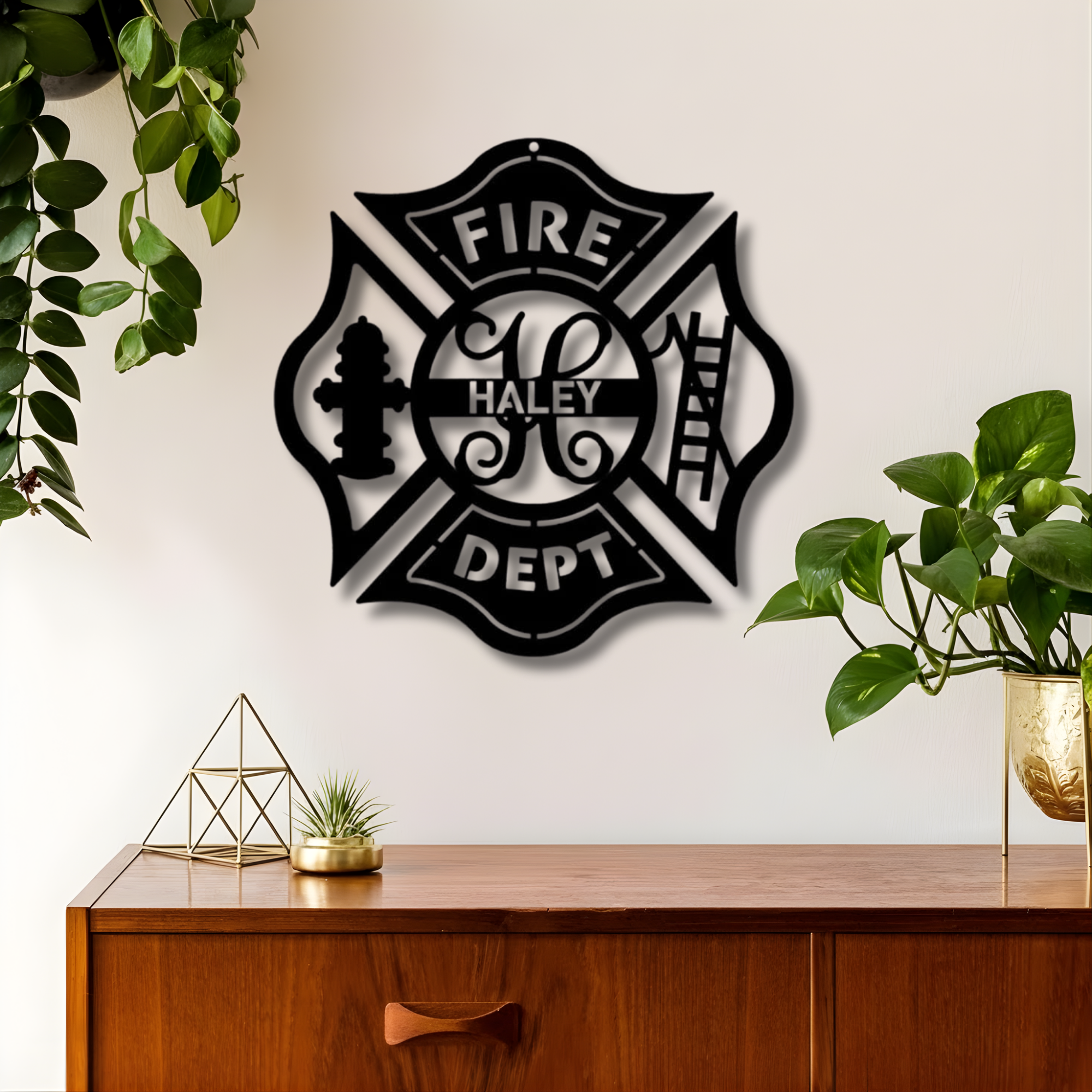 Ornate Maltese Cross Fire Badge Custom Name Metal Sign - Personalized Wall Art