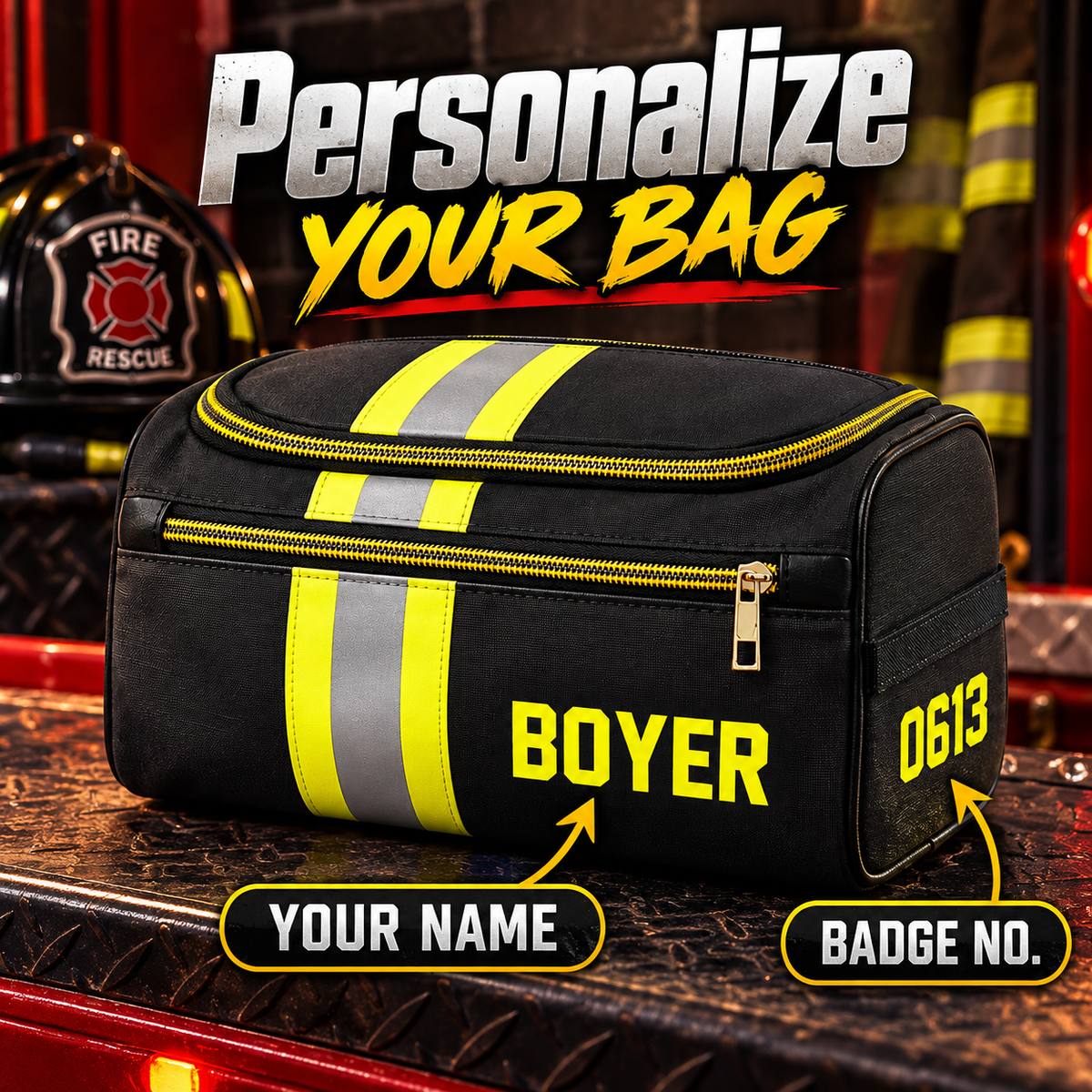 Personalized Firefighter Leather Toiletry Bag - Custom Name & Number