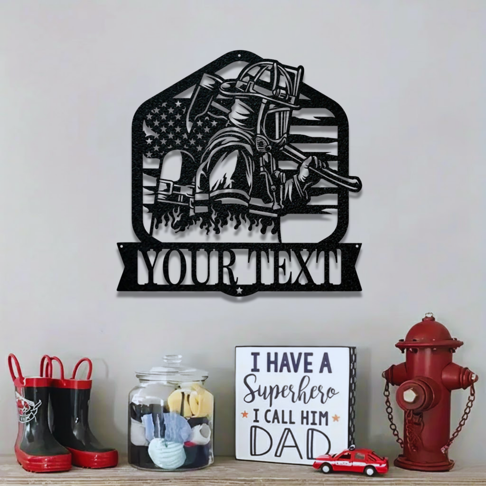 Standing Firefighter With Axe Custom Name Metal Sign - Personalized Fire Department Wall Art