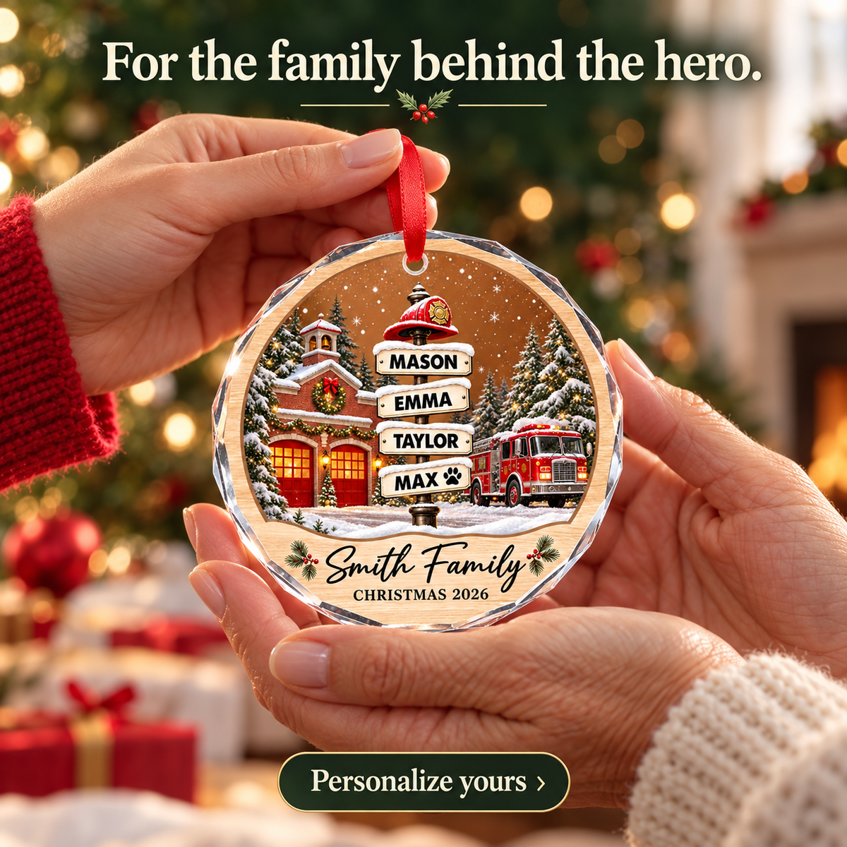 Firefighter Family Personalized Glass Christmas Ornament – Custom Names Fire Station Keepsake