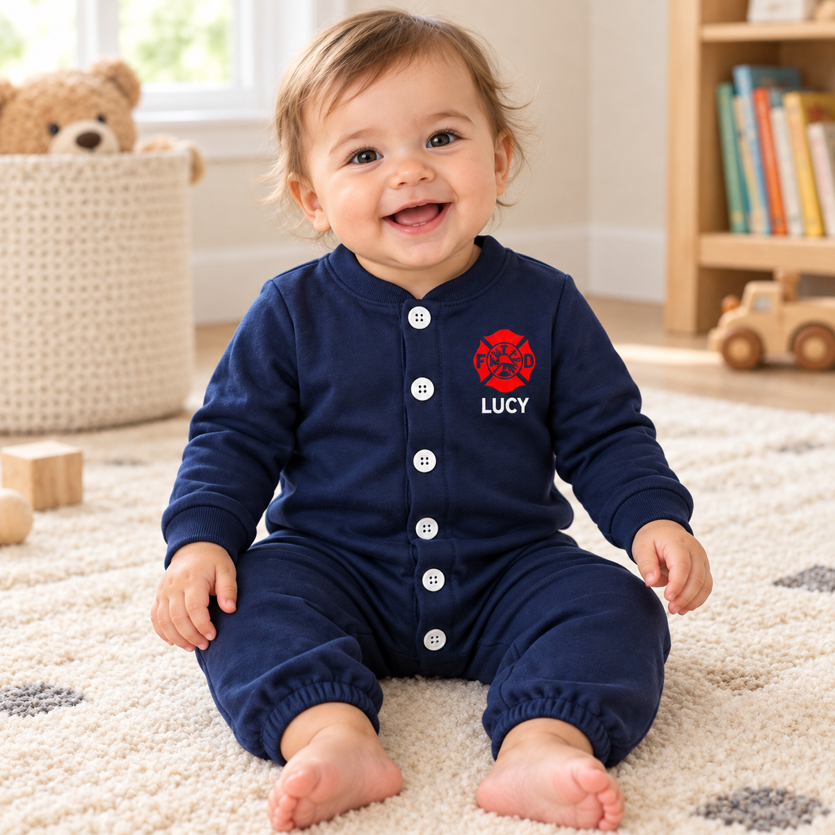 Firefighter Long-Sleeve Baby Romper with Maltese Cross - Custom Name Front & Optional Back