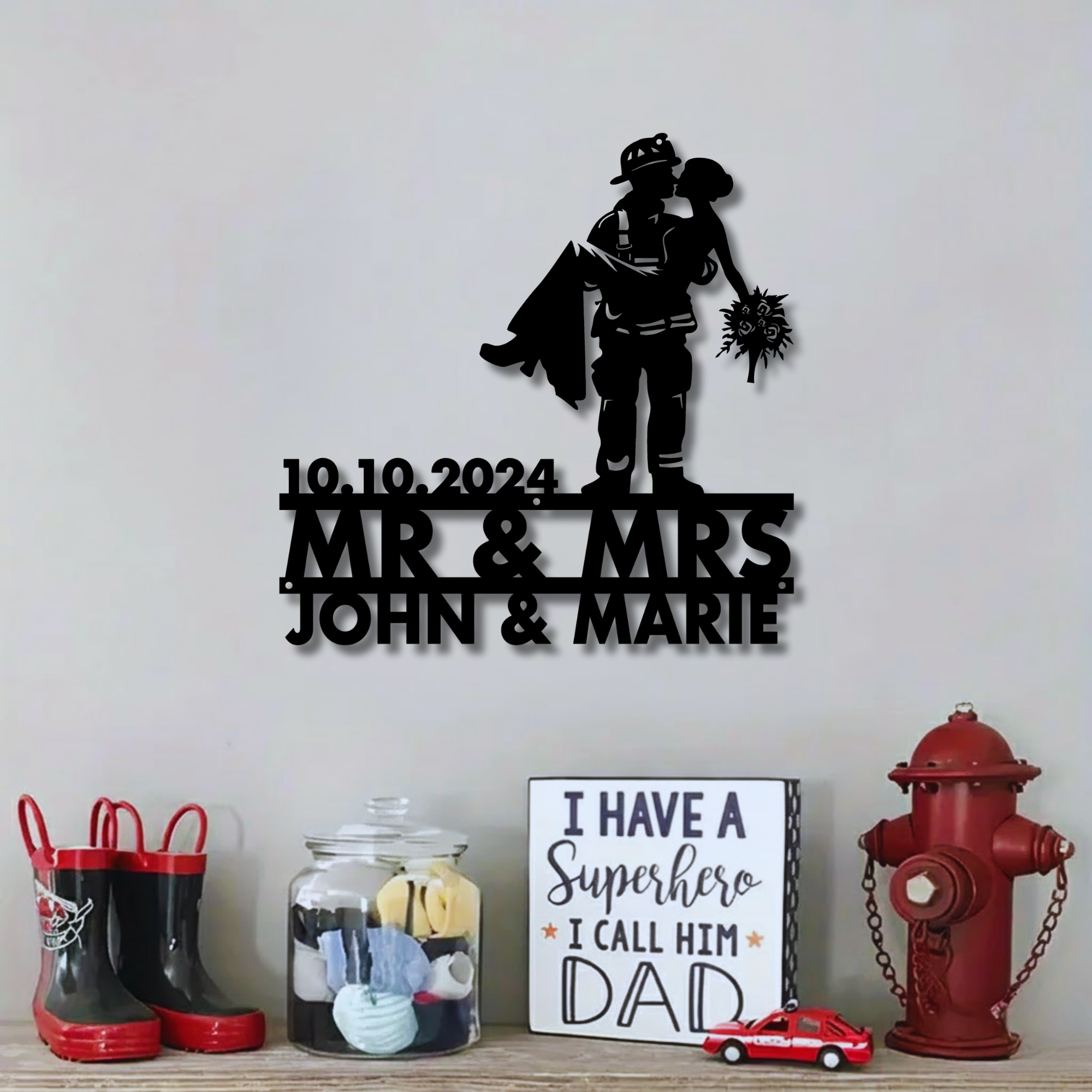 Firefighter Couple Wedding Metal Sign - Custom with Names and Date