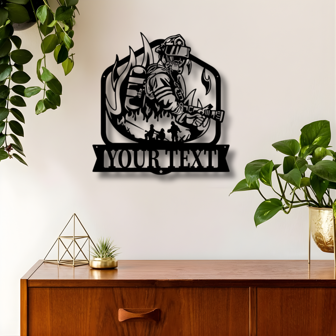 Firefighter With Hose Custom Metal Sign - Personalized Wall Art