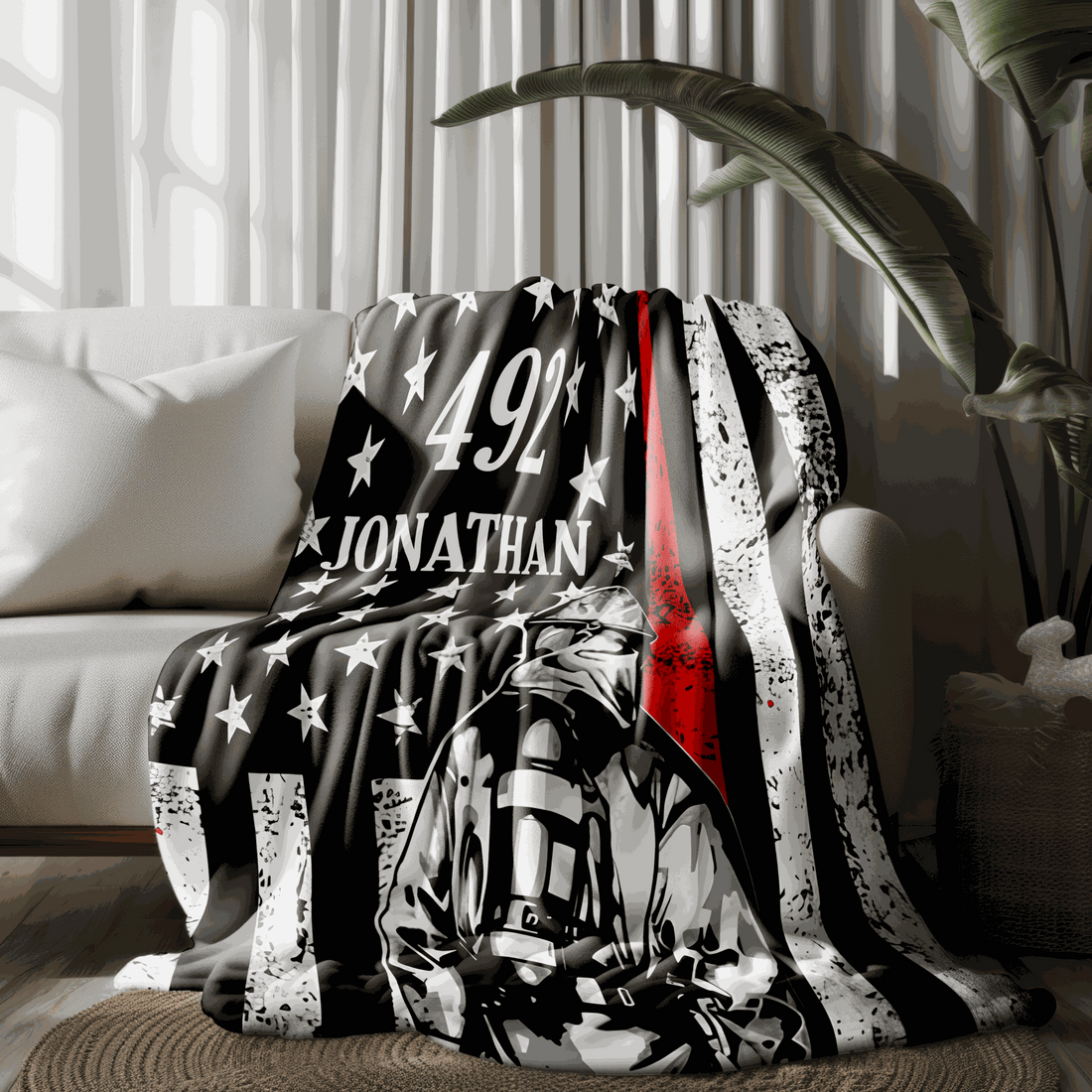 Custom Firefighter Blanket - Red Line Flag with Name & Number - Firerescuetm LLC