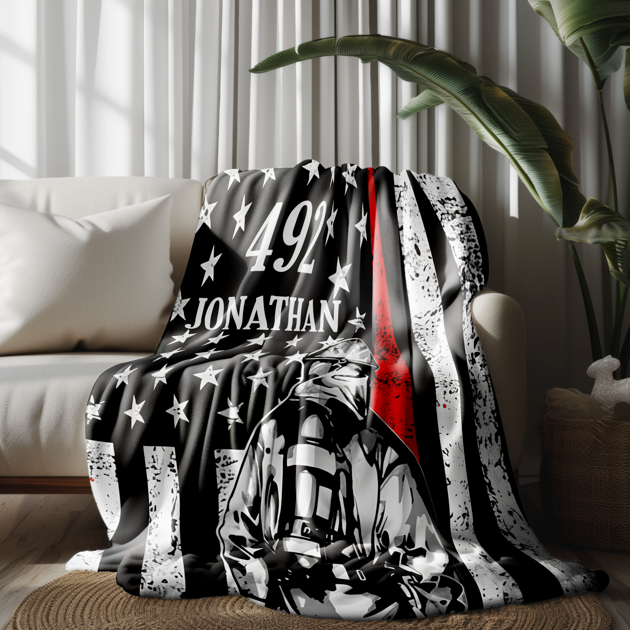 Couverture personnalisée pour pompier - Drapeau rouge avec nom et numéro